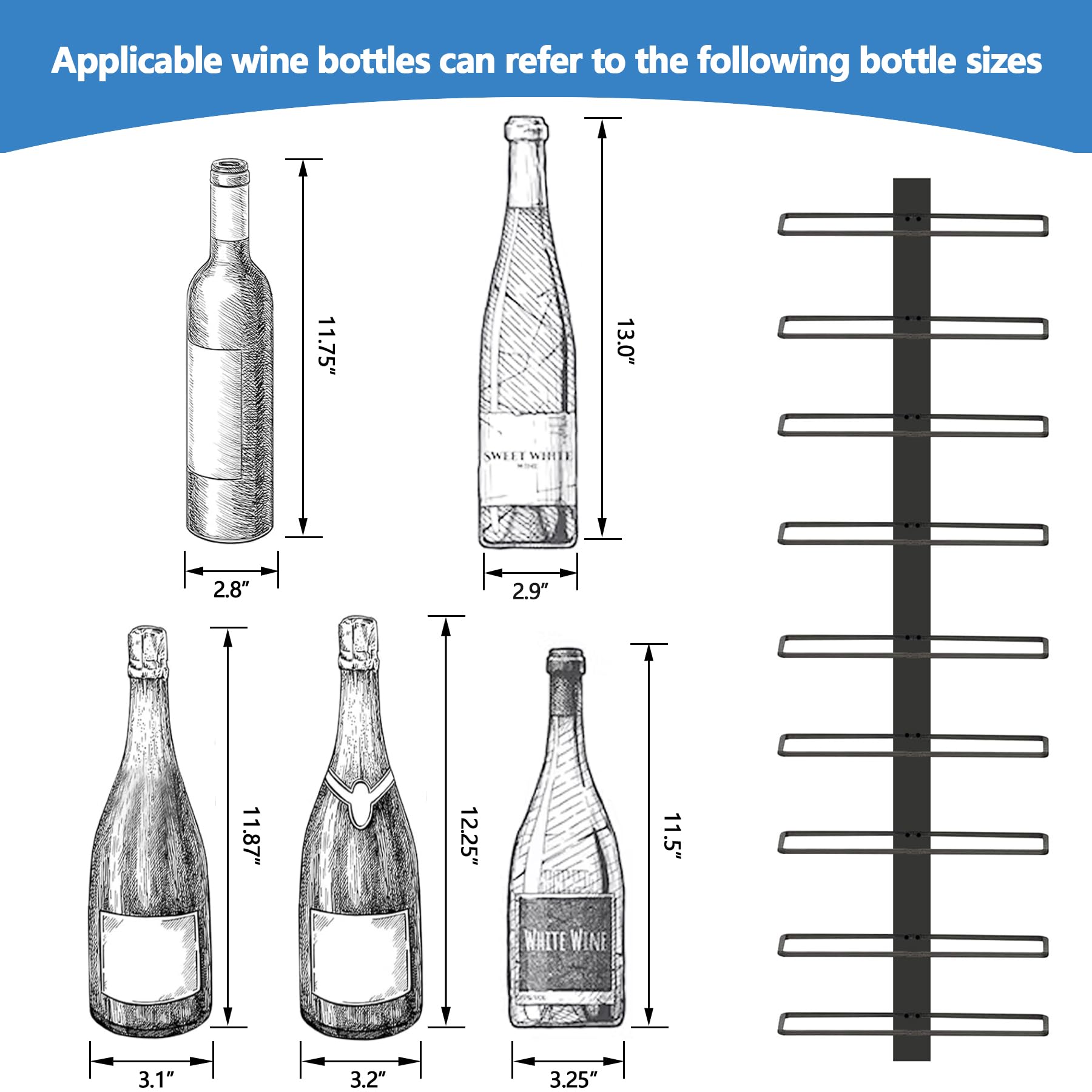 C&AHOME 9 Bottle Wall Mounted Wine Rack - Adjustable & Separable Metal Hanging Wine Holder for Kitchen, Pantry, Bar | Space-Saving Wine Storage Solution for Home & Restaurants