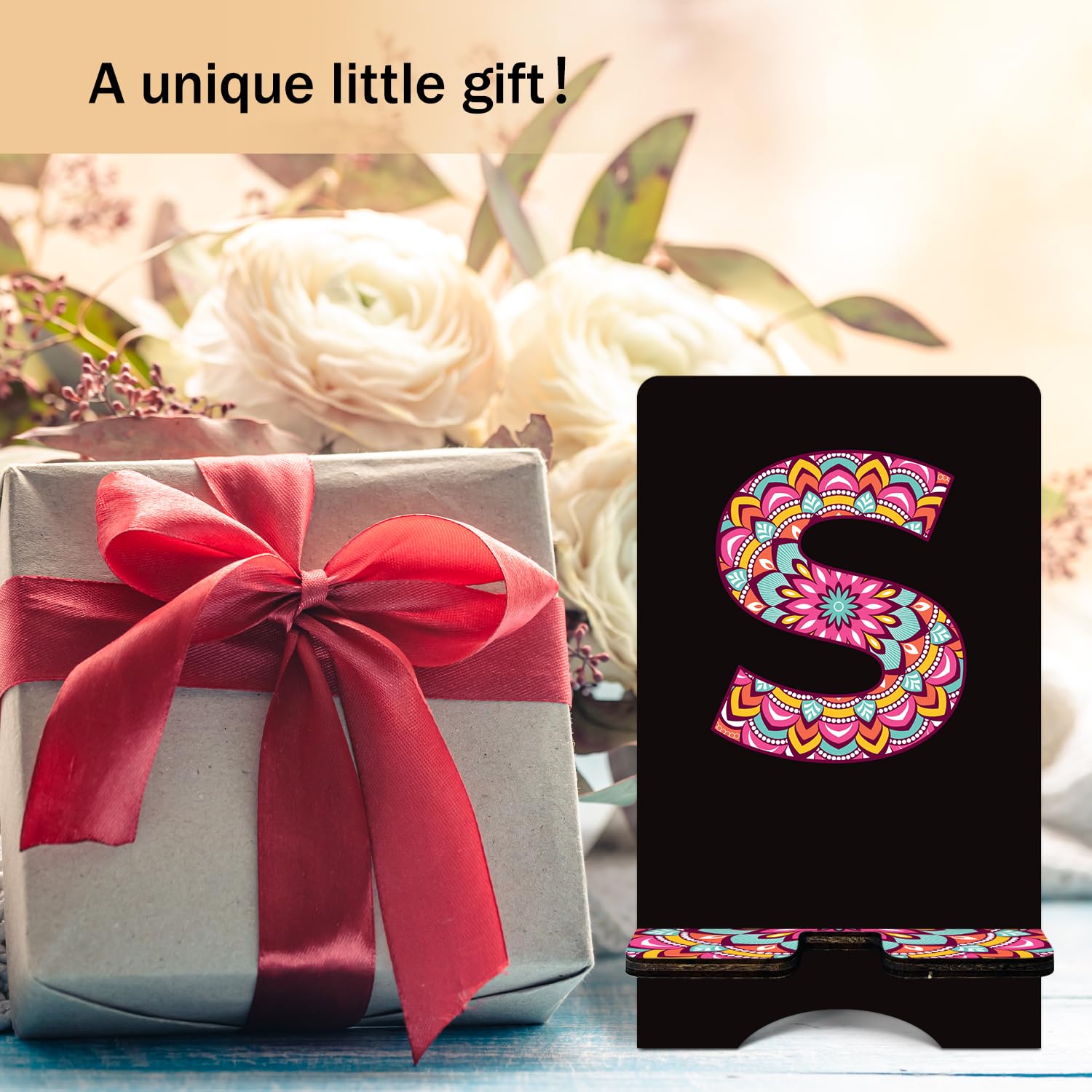 Personalized Initial Wooden Cell Phone Stand - Universal Phone Holder with Charging Hole for iPhone, Samsung & Tablets - Perfect for Office Desk, Home & Travel Use