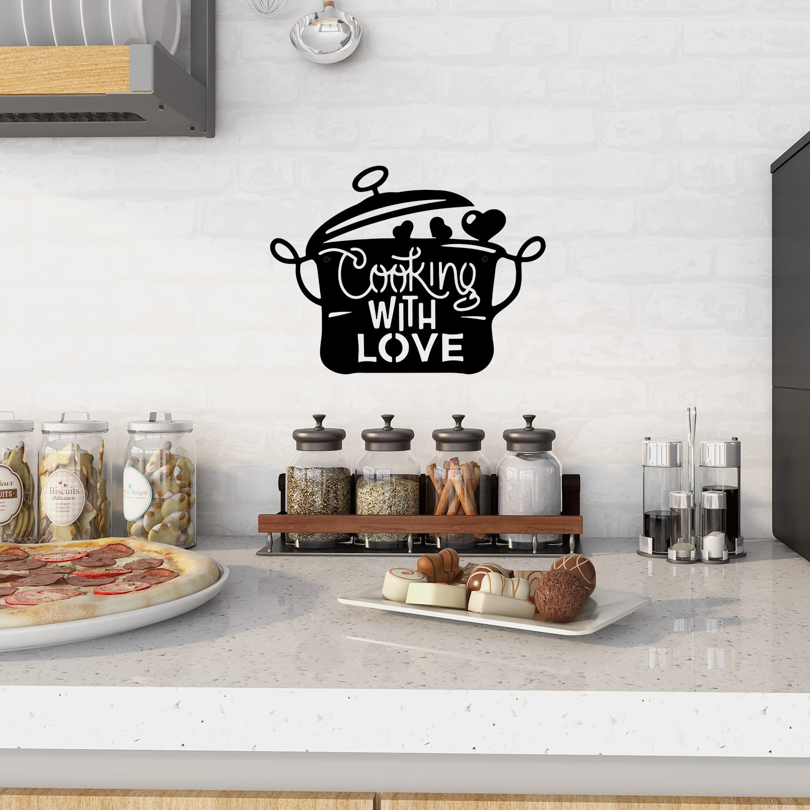 14 x 11 Inch Black Metal Kitchen Wall Decor - Cooking with Love Sign - Rustic Home Kitchen Decorations - Perfect Gift for Chefs & Home Cooks (Ideal for Farmhouse, Apartment & Restaurant Decor)