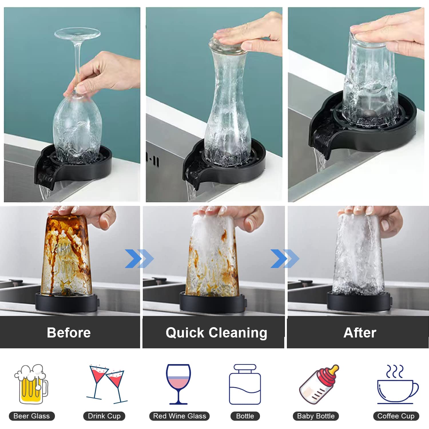 Stainless Steel Glass Rinser for Kitchen Sink - 9 Powerful Jet Bottle & Cup Washer Cleaner - Bar Sink Accessory for Home, Restaurant (Black) | Perfect for Wine Glasses, Beer Mugs & Barware Cleaning