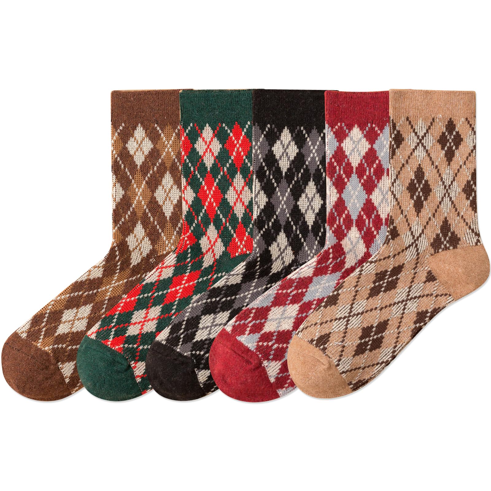 Vintage Wool Socks for Women - 5 Pairs Cozy Crew Socks with Unique Print - Perfect Christmas Gift & Winter Wear