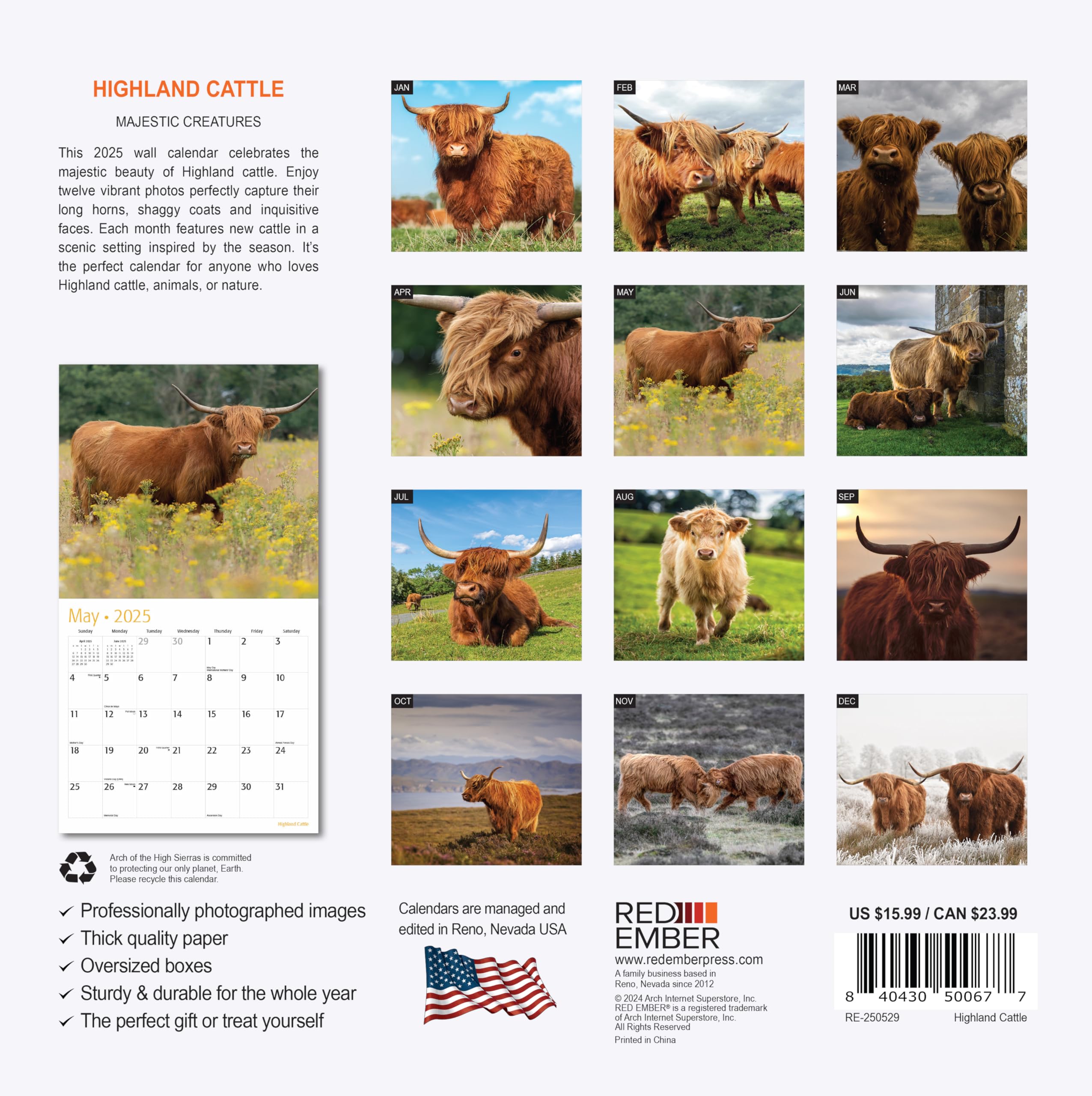 RED EMBER Highland Cattle 2025 Wall Calendar - 12 Month Large Format (12x24 Inches) with Thick Sturdy Paper - Perfect for Home, Office, or Gift Giving - Highland Cow Lover's Wall Planner for Kitchen, Classroom, or Farmhouse Decor