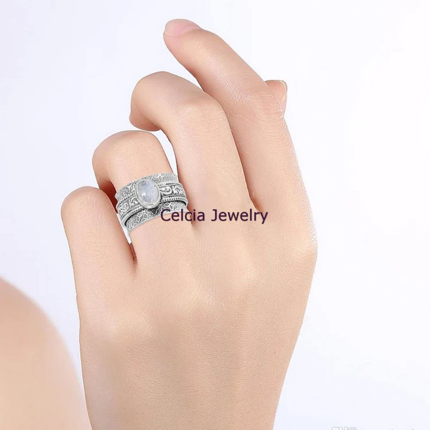 Rainbow Moonstone Spinner Ring - Delicate June Birthstone Jewelry for Anxiety Relief & Meditation | Unique Promise Statement Fidget Ring for Women | US Size 7 | Perfect for Stress Relief, Mindfulness Practice & Everyday Elegance