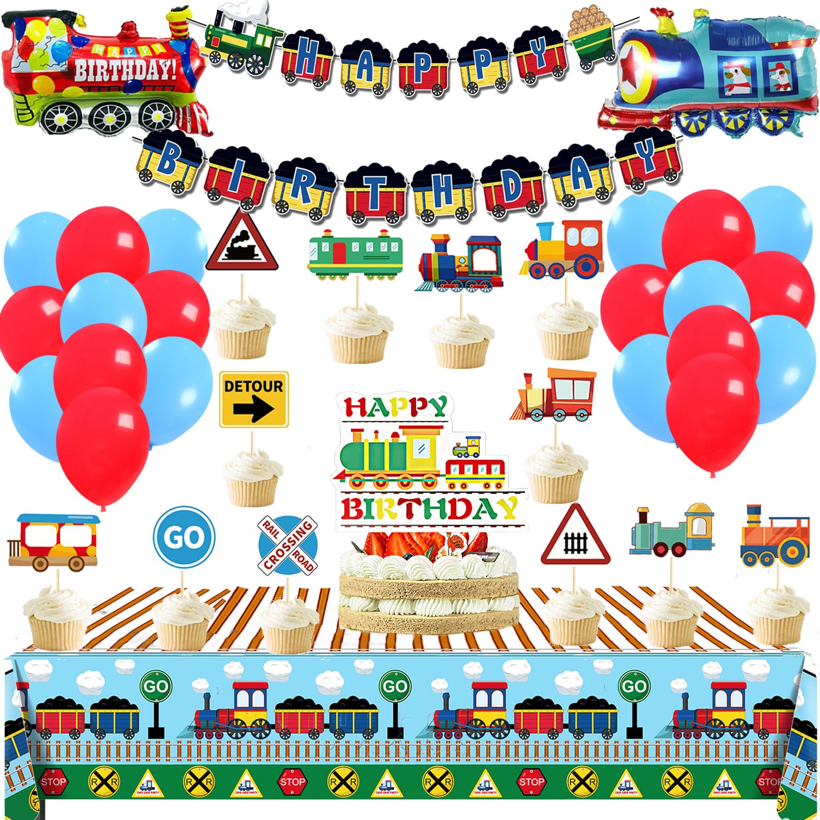 Train Birthday Party Decorations Set - Train Cake Topper, Vehicles Tablecloths & Car Banner for Kids Transportation Theme Celebration | Perfect for Train-Themed Birthday Parties, Baby Showers & Classroom Events