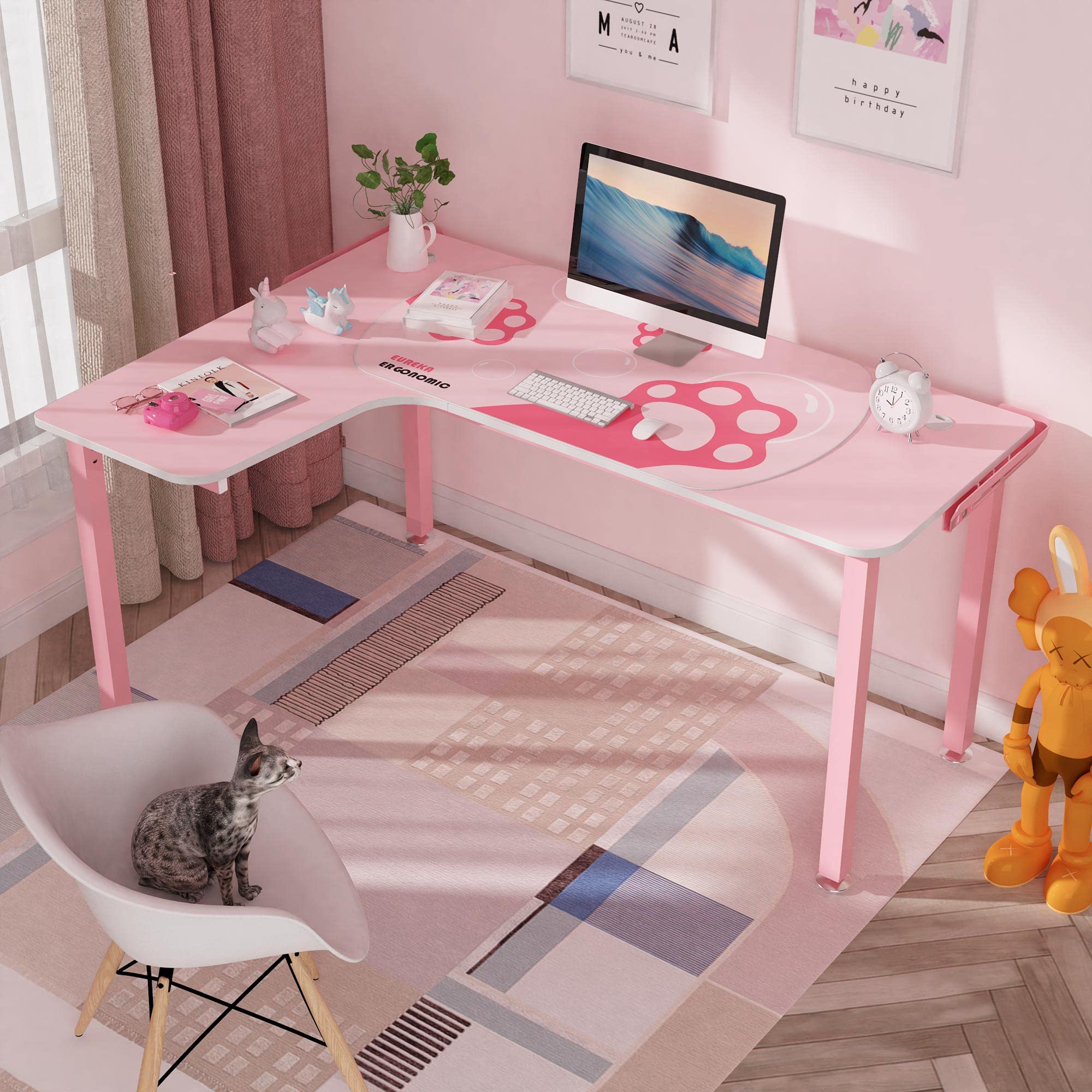 Pink L-Shaped Gaming Desk for Girls - 60 Inch Cute Pink Computer Desk with Full Covered Desk Mat, Easy Assembly, Left Side Design - Perfect for Gaming, Streaming & Home Office Setup