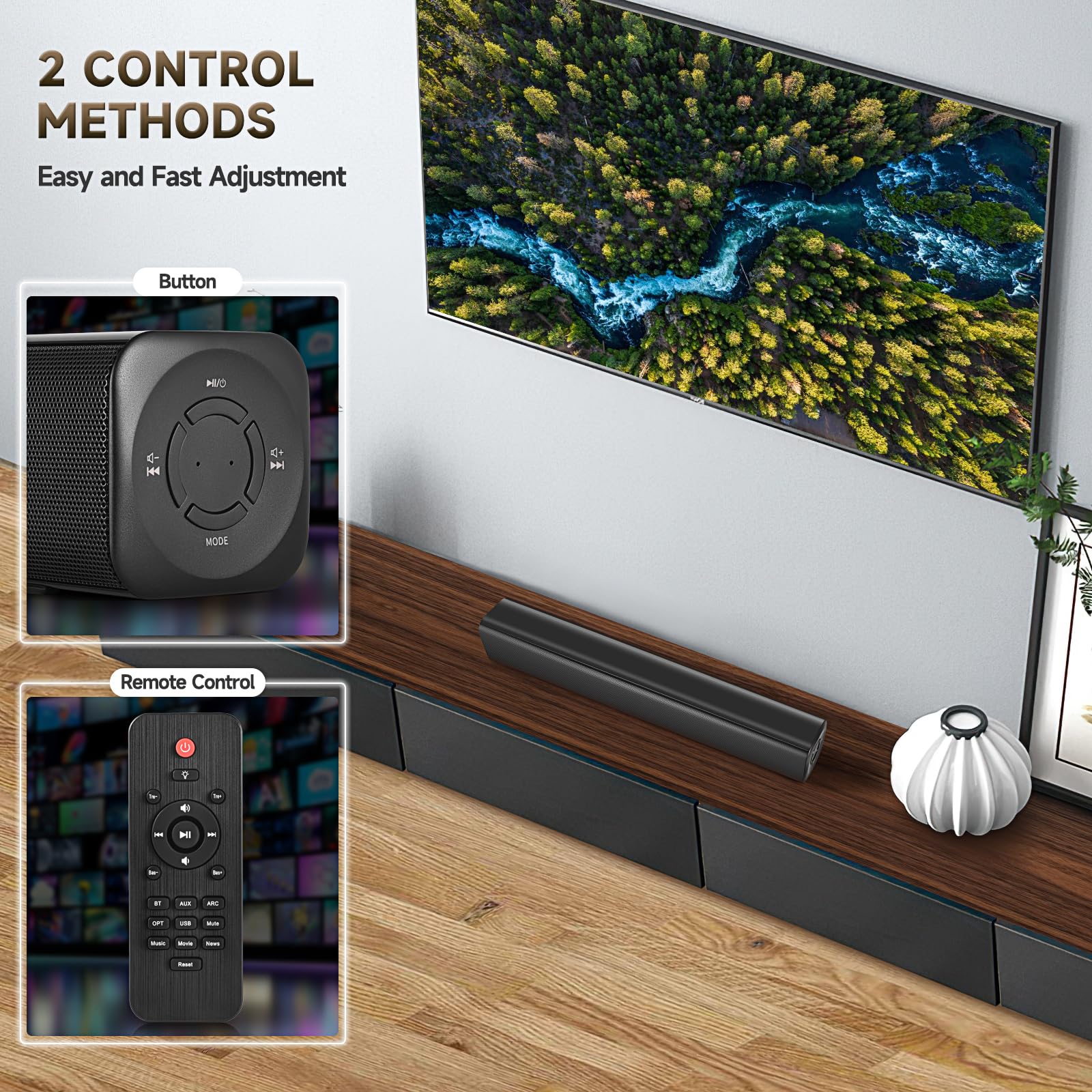 Premium Bluetooth Sound Bar with Subwoofer - Wireless TV Speaker System, 2.1CH Home Theater Audio with HDMI(ARC), Optical, AUX & USB - Wall Mountable for TVs & PCs (Carbon Black) - Perfect for Movie Nights, Gaming & Music Streaming