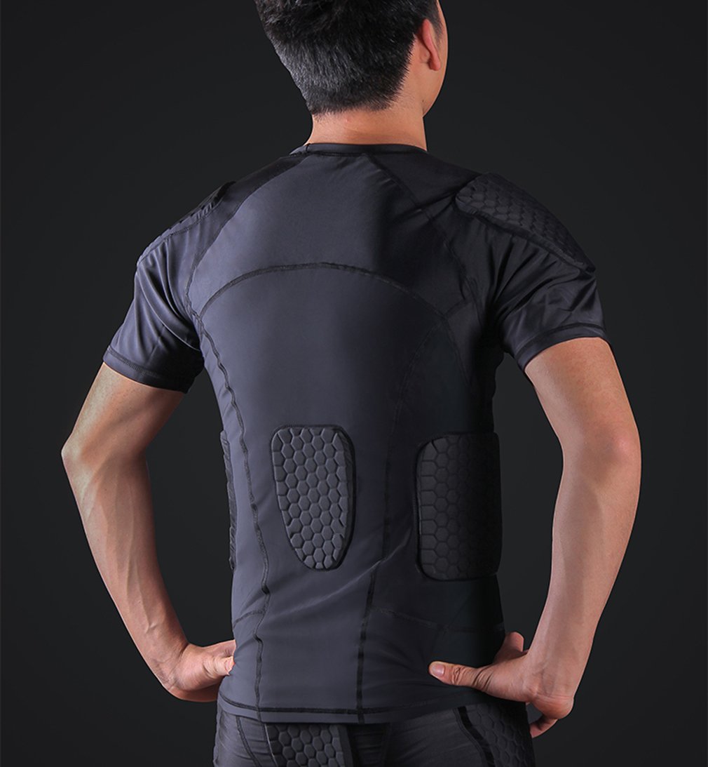 Men's Short Sleeve Compression Shirt with Padded Rib Protection - Breathable Workout & Training Shirt for Boxing, MMA, and Sports Activities