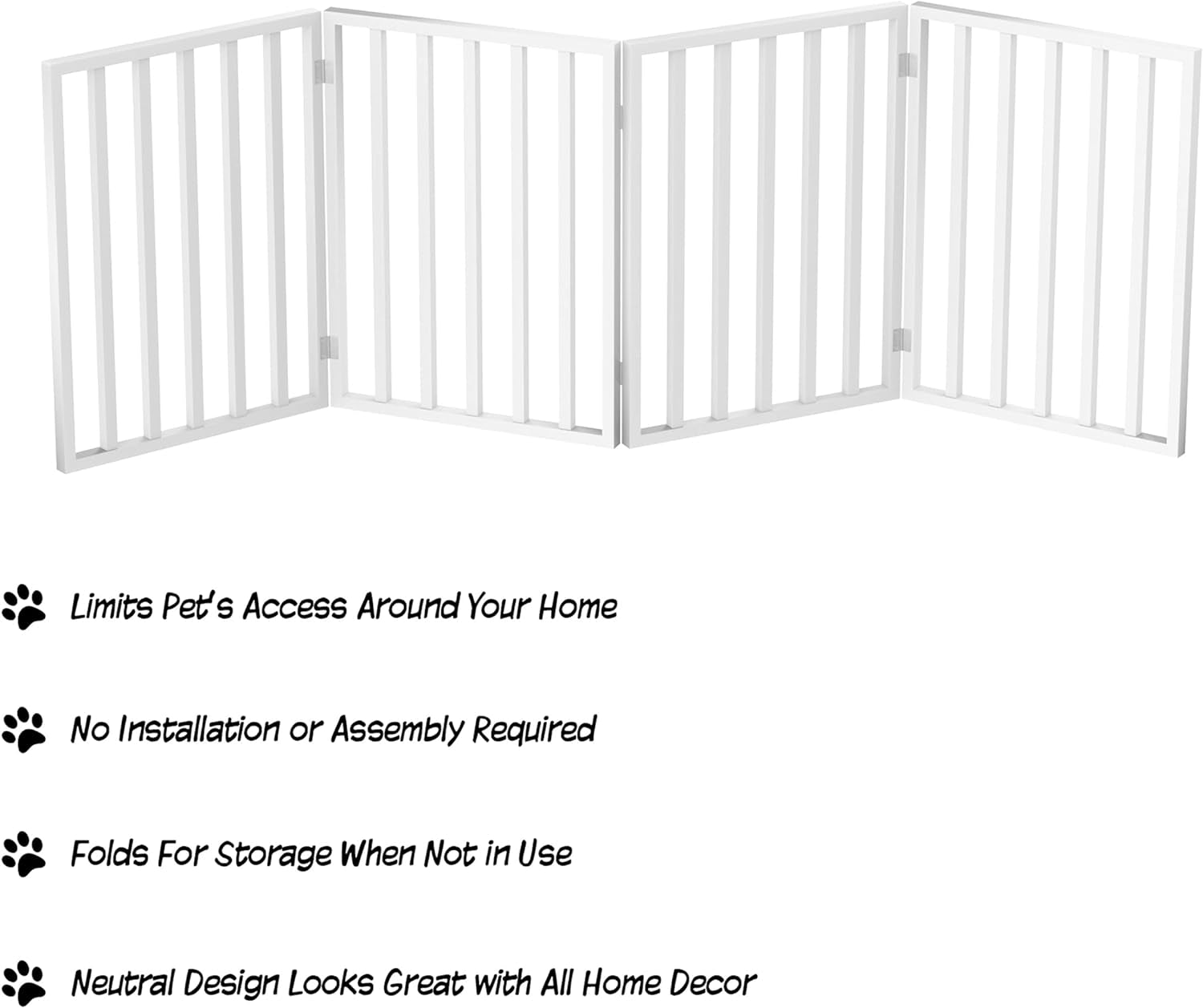 4 Panel Foldable Pet Gate for Dogs & Cats - 72x24 Inch Freestanding Indoor Dog Fence for Stairs, Hallways, Doorways - Retractable Wooden Gate (White) - Perfect for Home Safety & Pet Containment
