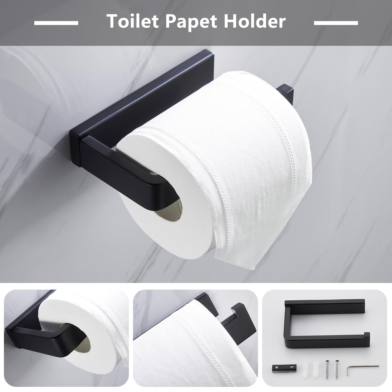 Premium 3-Piece Contemporary Bathroom Hardware Set - Stainless Steel Towel Hook, Towel Bar & Toilet Paper Holder - Wall Mounted Matte Black (SUS 304) - Perfect for Modern Bathrooms, Powder Rooms & Spa-Style Decor