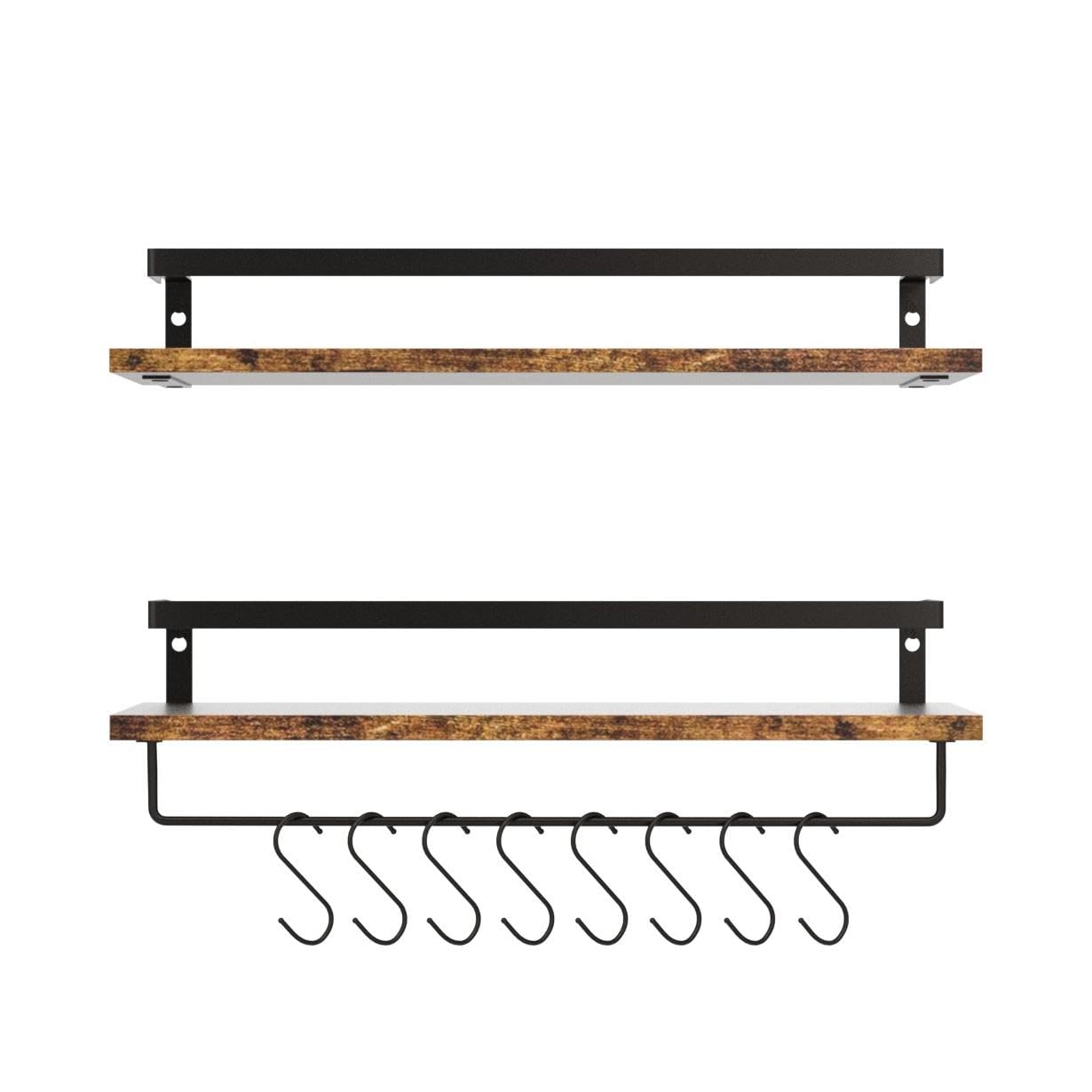 IBUYKE Floating Shelves for Wall - 42x15x8 cm Wooden Shelf with 8 Hooks - Space Saving Storage Organizer for Kitchen, Bathroom, Bedroom, Living Room & Office - Perfect for Spice Rack, Towel Holder, Books and Decorative Display
