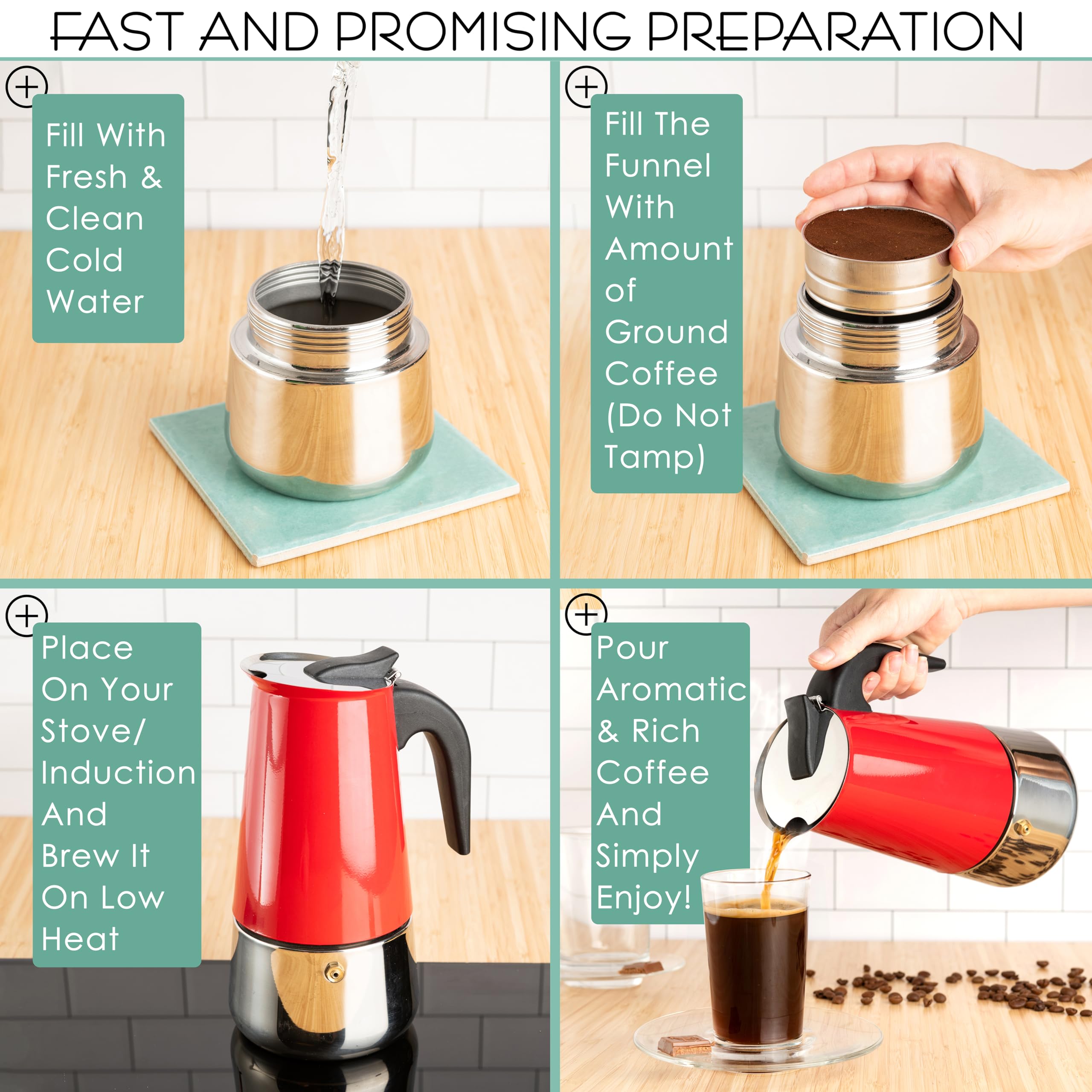 Mixpresso 6 Cup Stovetop Espresso Maker - Stainless Steel Moka Pot for Camping & Home Brewing