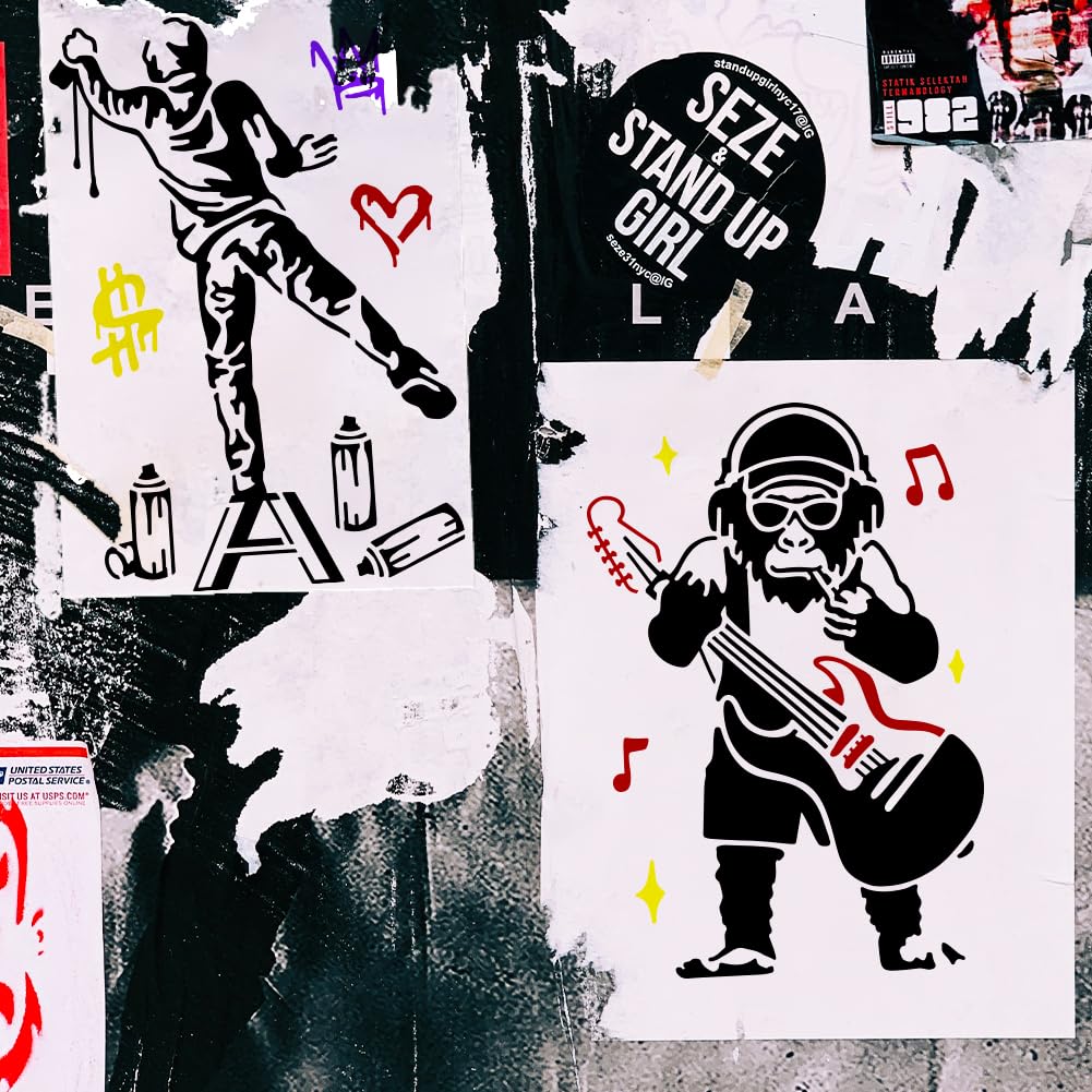 INFUNLY 9-Piece Banksy Themed Art Stencil Kit - Reusable Street Graffiti Templates for Wall, Tile, Canvas & Furniture Painting (11.6x8.2