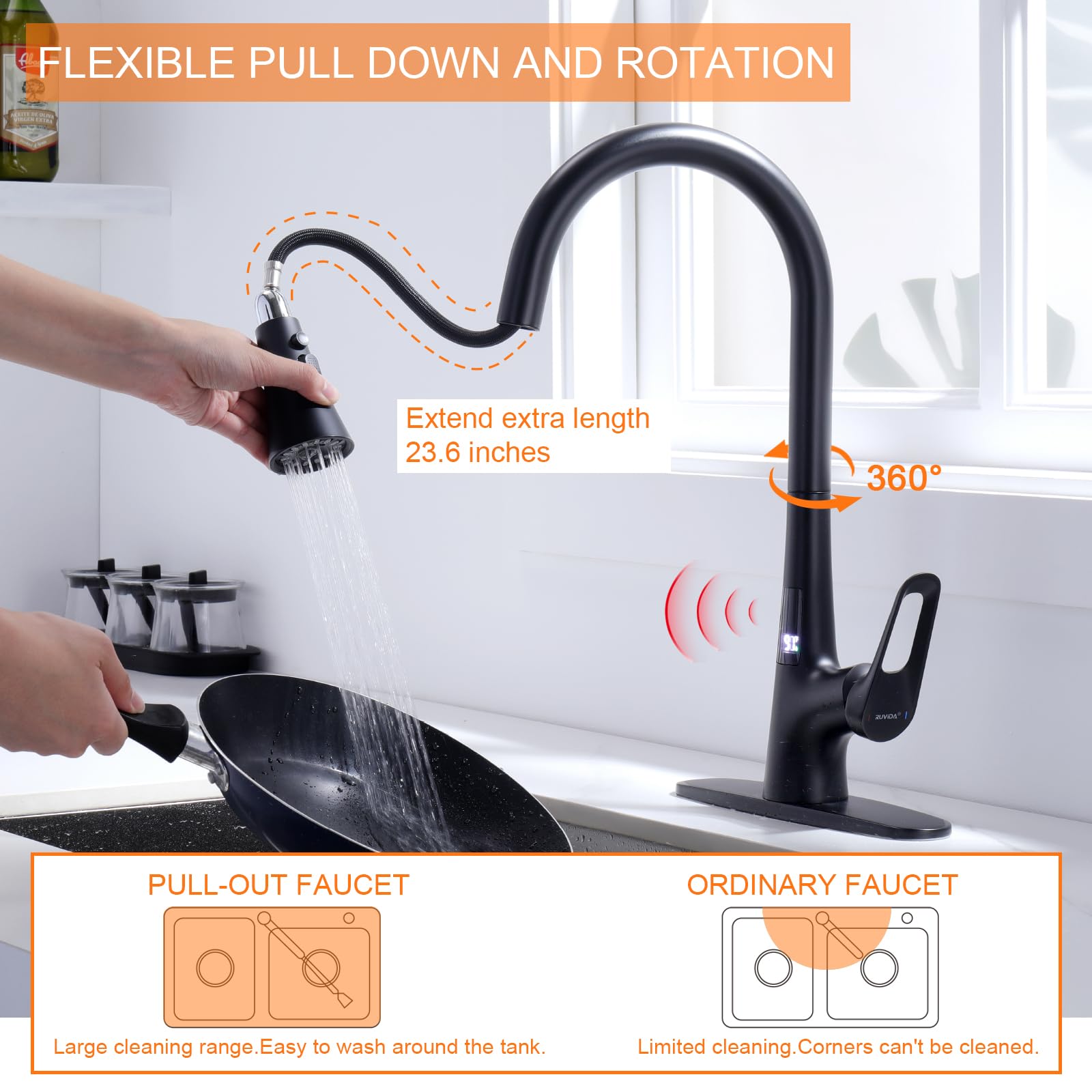 RUVIDA Matte Black Kitchen Faucet with Pull Down Sprayer - Single Handle Motion Sensor Sink Faucet with Deck Plate & 3 Spray Functions - Perfect for Commercial, Farmhouse, Camper, Laundry, and Home Kitchen Use