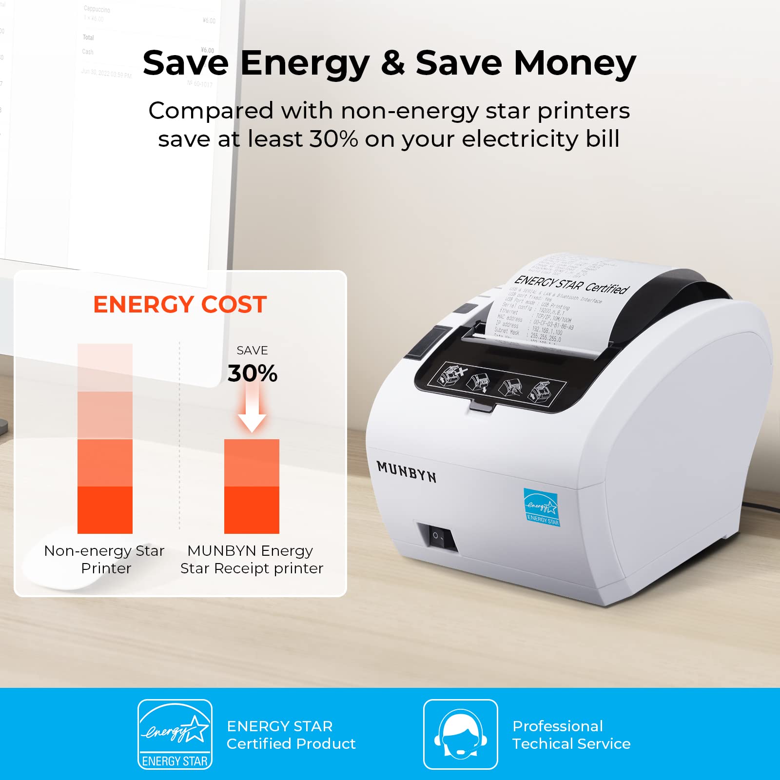 MUNBYN 80mm Thermal Receipt Printer - USB/Ethernet POS Printer Compatible with Windows, Mac, Chromebook & Linux - High Speed Auto Cutter with ESC/POS Support - Ideal for Retail Stores, Restaurants & Small Business POS Systems