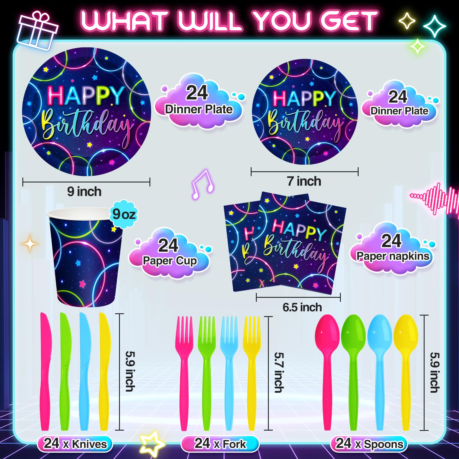 Meanplan Neon Happy Birthday Party Plates & Napkins Set - 168 Pcs Glow in the Dark Tableware for Kids (24 Guests) with Cups, Utensils & Decorations - Perfect for Glow Themed Birthday Parties & Nighttime Celebrations