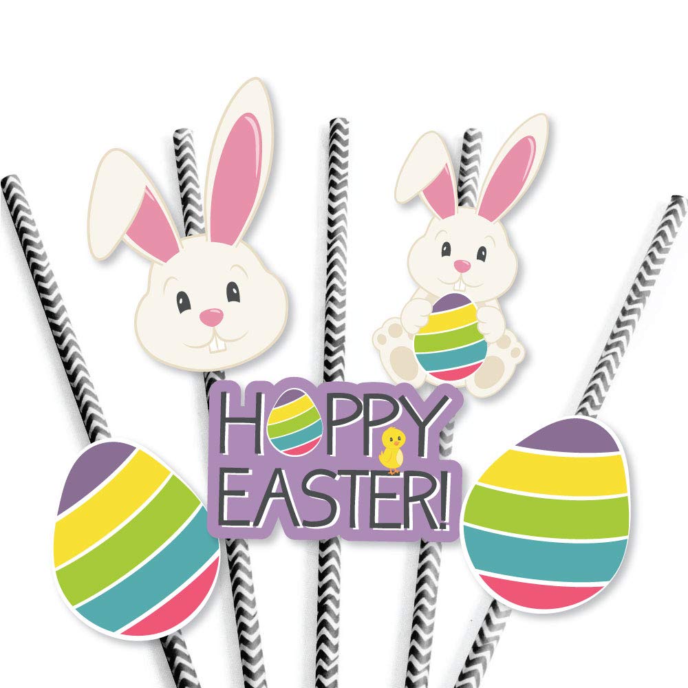 Big Dot of Happiness Hippity Hoppity Easter Bunny Paper Straws - 24 Pack Striped Party Decorations for Easter Celebrations, Spring Parties & Kids Birthday Decor