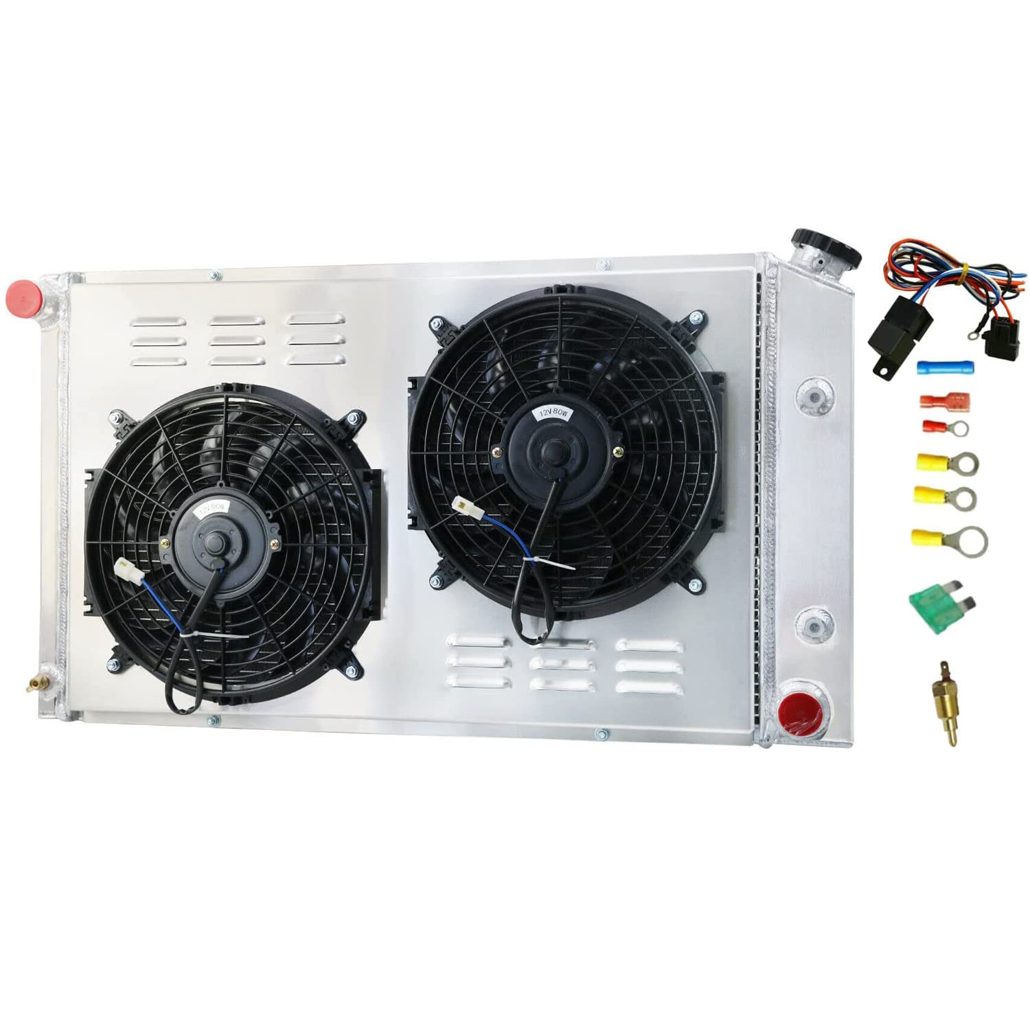 High-Performance 3-Row Aluminum Radiator for 1970-1981 Pontiac Firebird/Trans Am (3.8L-6.6L L6/V8) - Includes Electric Fan Shroud & Thermostat Kit - Perfect for Engine Cooling & Restoration Projects (Fits 1971-1980 Models)