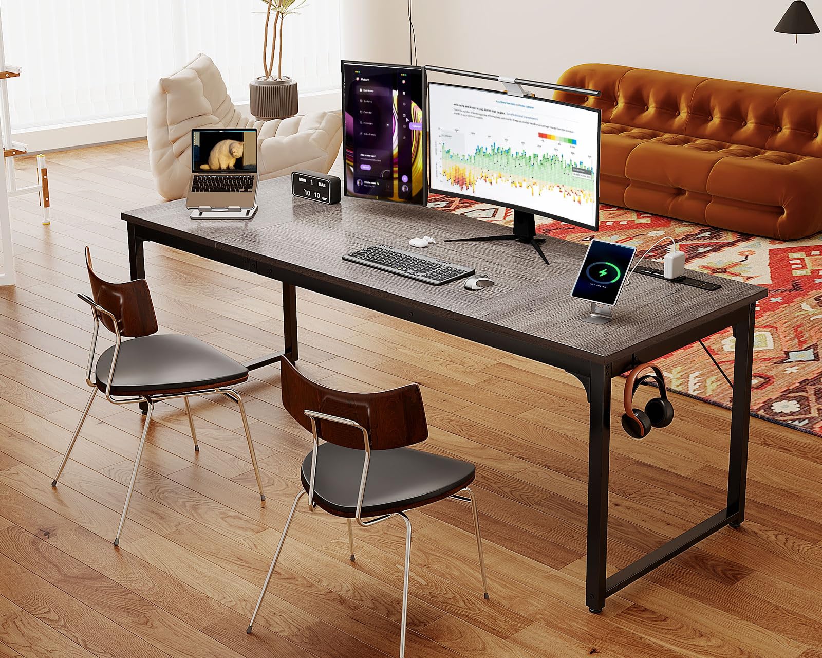 Coleshome 71 Inch Large Computer Desk with USB Ports - Sturdy Office Desk & Study Writing Table in Grey Oak - Perfect for Home Office, Gaming Setup & Student Workspace