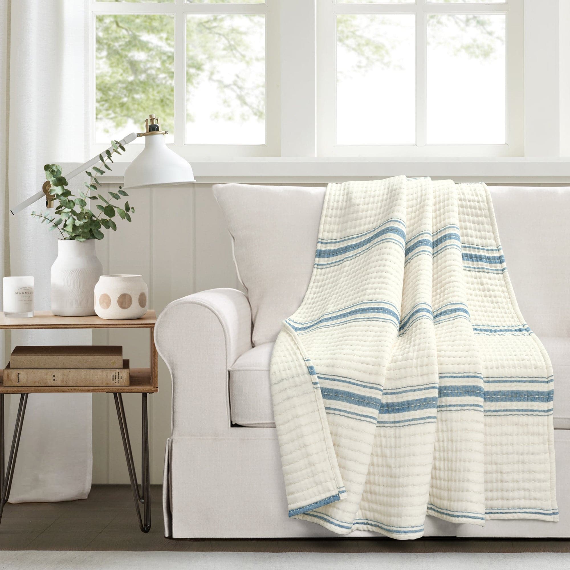 Farmhouse Stripe Kantha Pick Stitch Yarn Dyed Cotton Woven Throw Blanket - Cozy Handmade Bedspread for Sofa, Couch & Home Decor - Perfect for Living Room, Bedroom & Gift Giving
