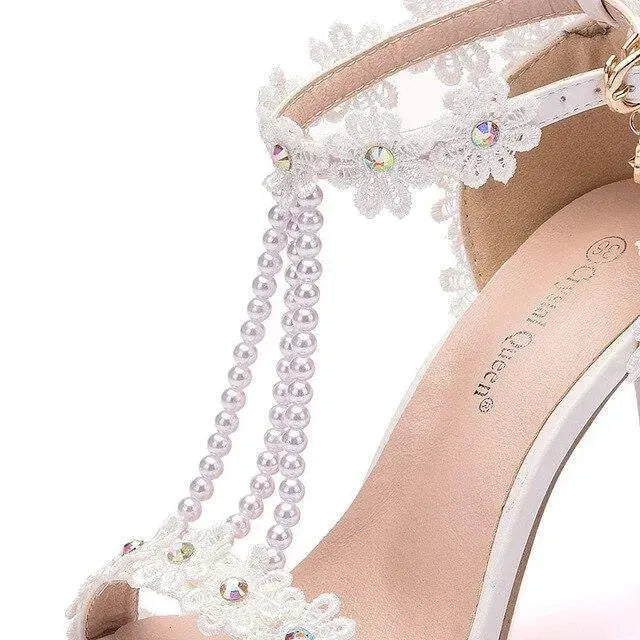 Elegant String Bead Lace Wedding Shoes for Bride – Comfortable Heels for Church Ceremony, Outdoor Photos & Reception
