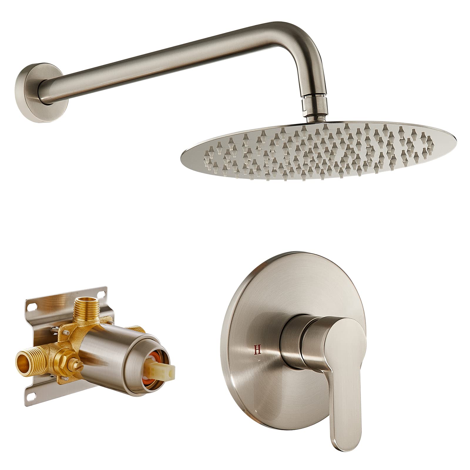 OUGOO 10 Inch Round Rainfall Shower System with Pressure Balance Valve - Brass Shower Faucet Set in Brushed Nickel - Perfect for Modern Bathroom Renovation & Spa-Like Shower Experience