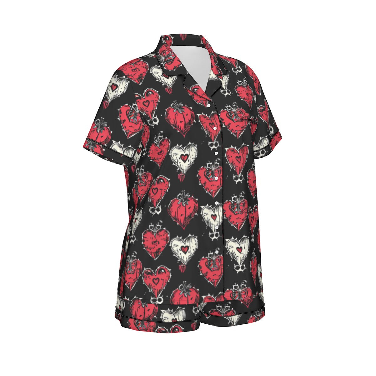 Gothic Hearts Women's Silk-Like Pajama Set - Short Sleeve Sleepwear for Lounge & Nightwear | Soft & Comfortable Sleepwear for Women | Perfect for Home Relaxation, Sleepovers & Vacation