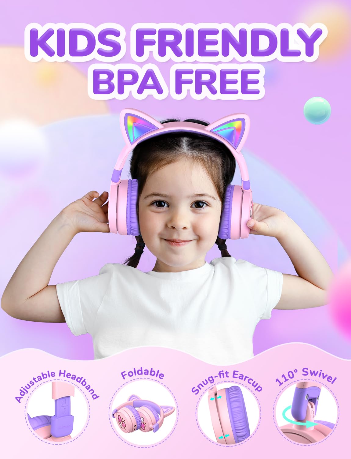iClever Kids Bluetooth Headphones with Light Up Cat Ears - 60H Playtime, USB-C Fast Charging, Safe Volume 74/85dB - Wireless Toddler Headphones for iPad, Tablets & Travel (Meow Cookies Purple) - Perfect for School, Airplane & Home Learning