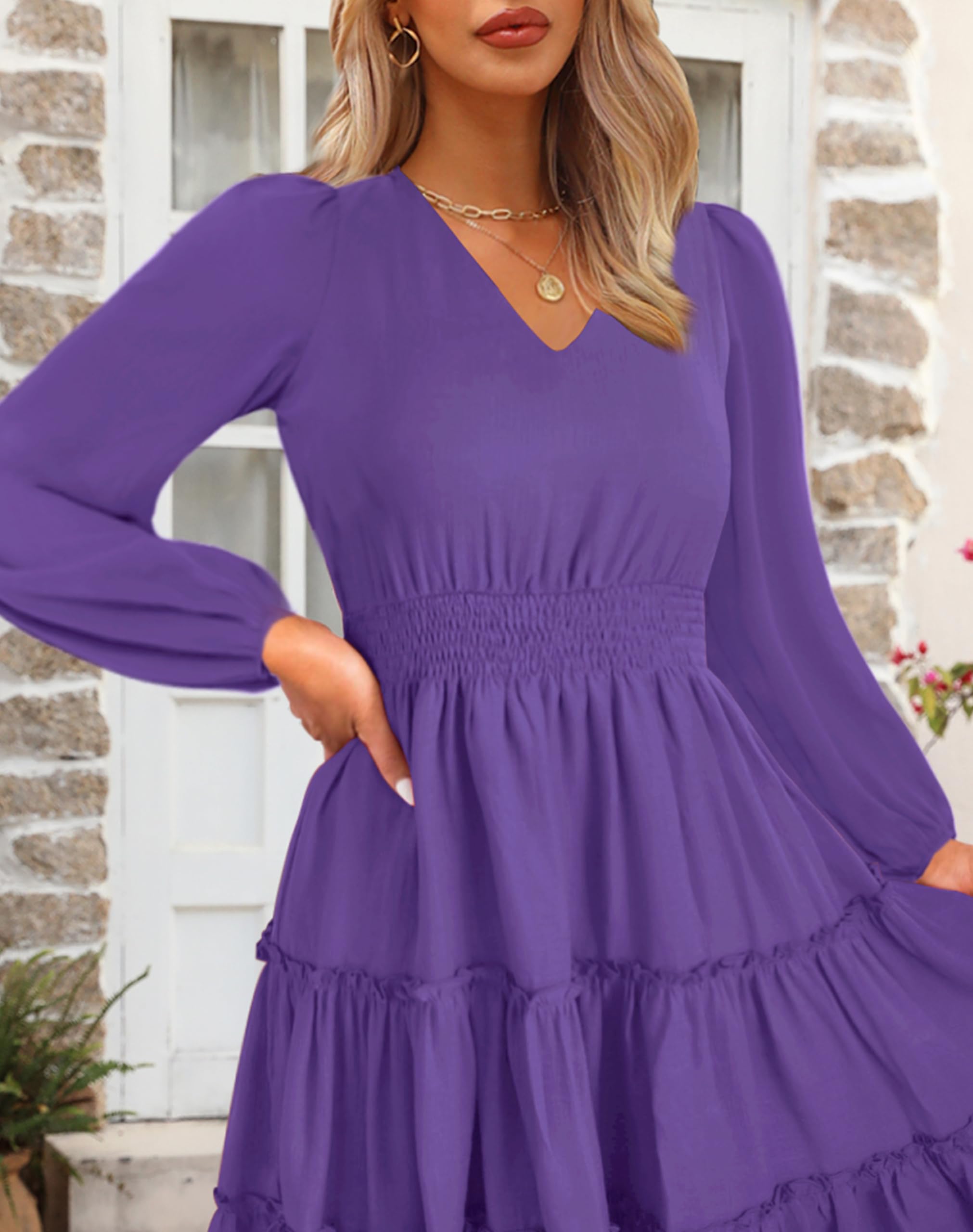 Zattcas Women's 2025 Spring Summer Flowy V-Neck Smocked Waist A-Line Tiered Midi Dress - Casual Work Office Wear, Beach Vacation, Date Night & Special Occasions
