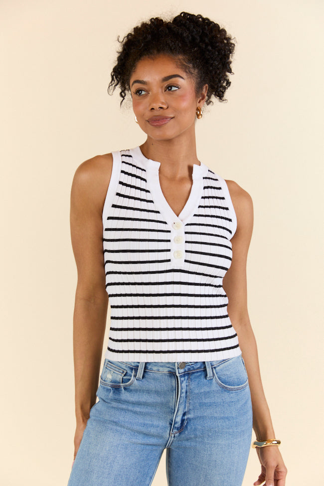 Stylish Ivory and Black Striped Henley Tank Top for Women - Perfect for Casual Outfits, Layering & Summer Fashion
