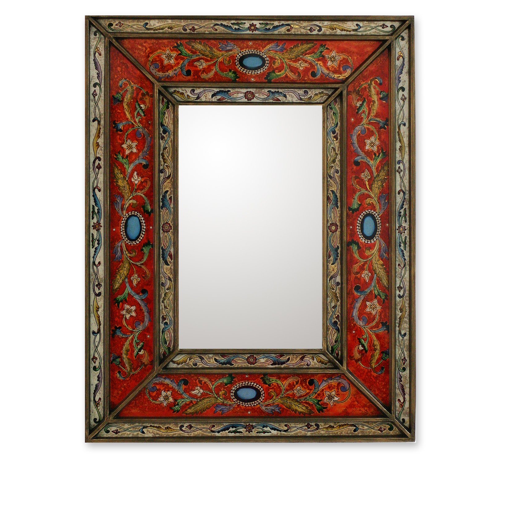 Handcrafted Floral Glass & Wood Wall Mirror - Orange Cajamarca Warmth Design for Home Decor | Perfect for Living Room, Bedroom & Entryway