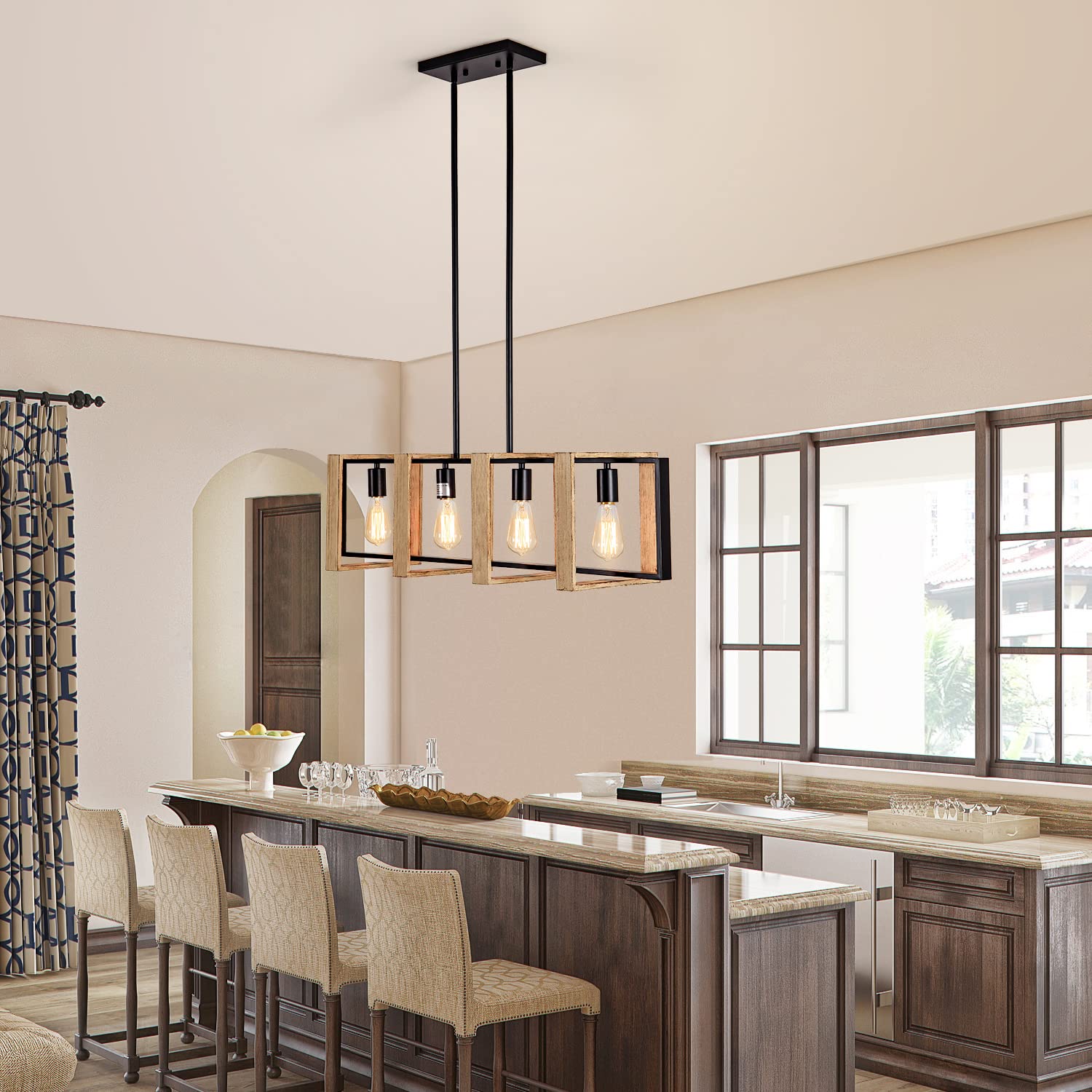 4-Light White Wood Pendant Lighting for Kitchen Island & Dining Room - Farmhouse Chandelier with Rustic Black Finish, E26 Bulb Compatible - Perfect for Kitchen Counter, Breakfast Nook & Farmhouse Dining Table Lighting