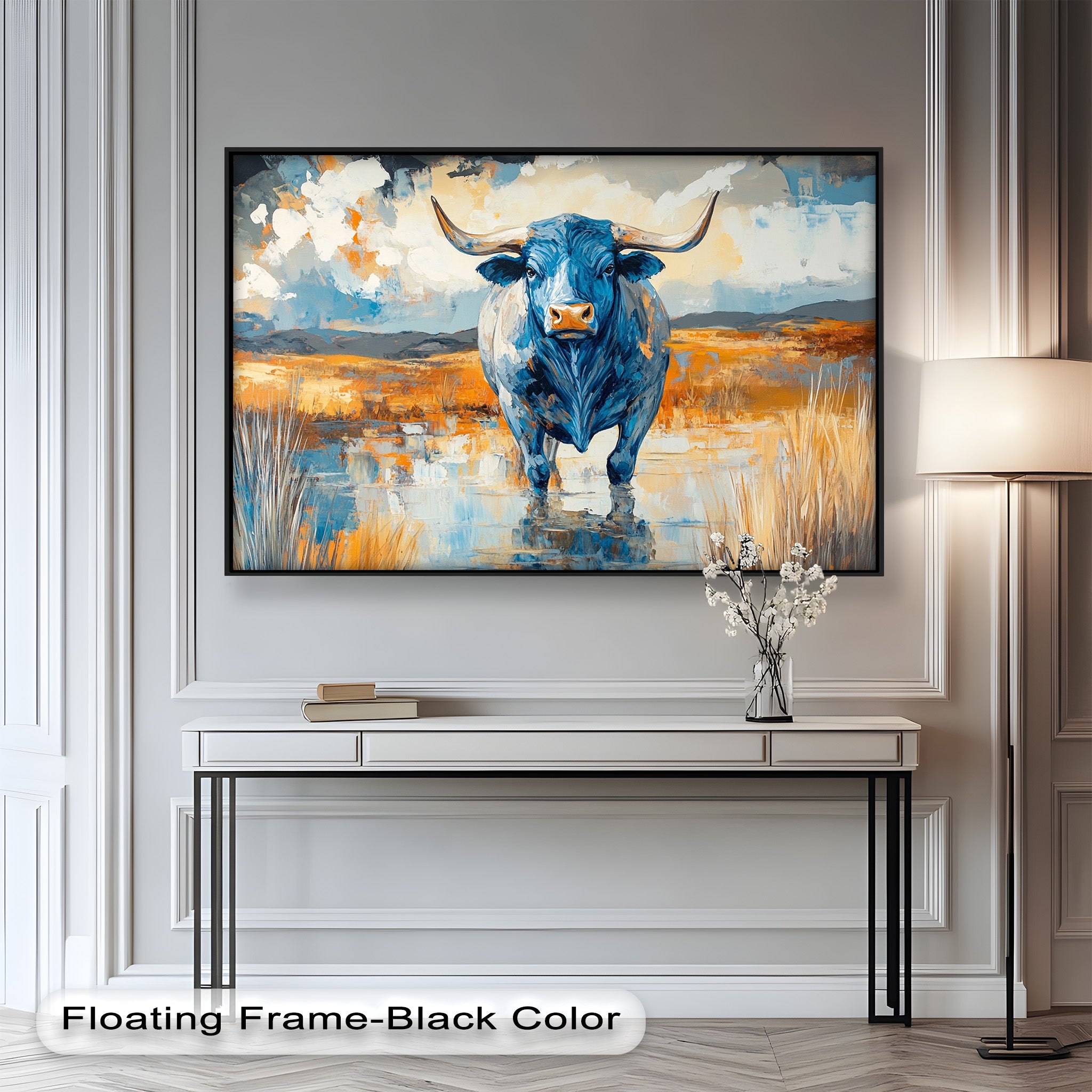 Blue Desert Bull - Hand Painted Animal Oil Canvas Artwork | Western Wildlife Decor for Living Room, Bedroom & Office