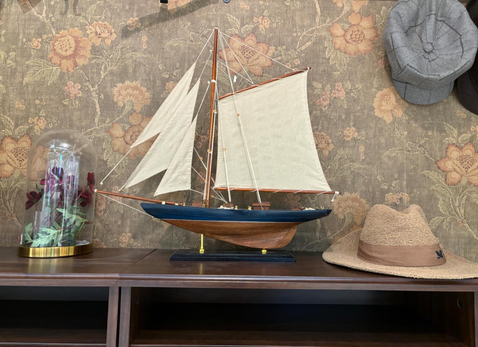 SAILINGSTORY Wooden Sailboat Model - Handcrafted Navy Yacht Decor with Antique Finish | Perfect for Home Office, Nautical Theme Decor & Gift Giving