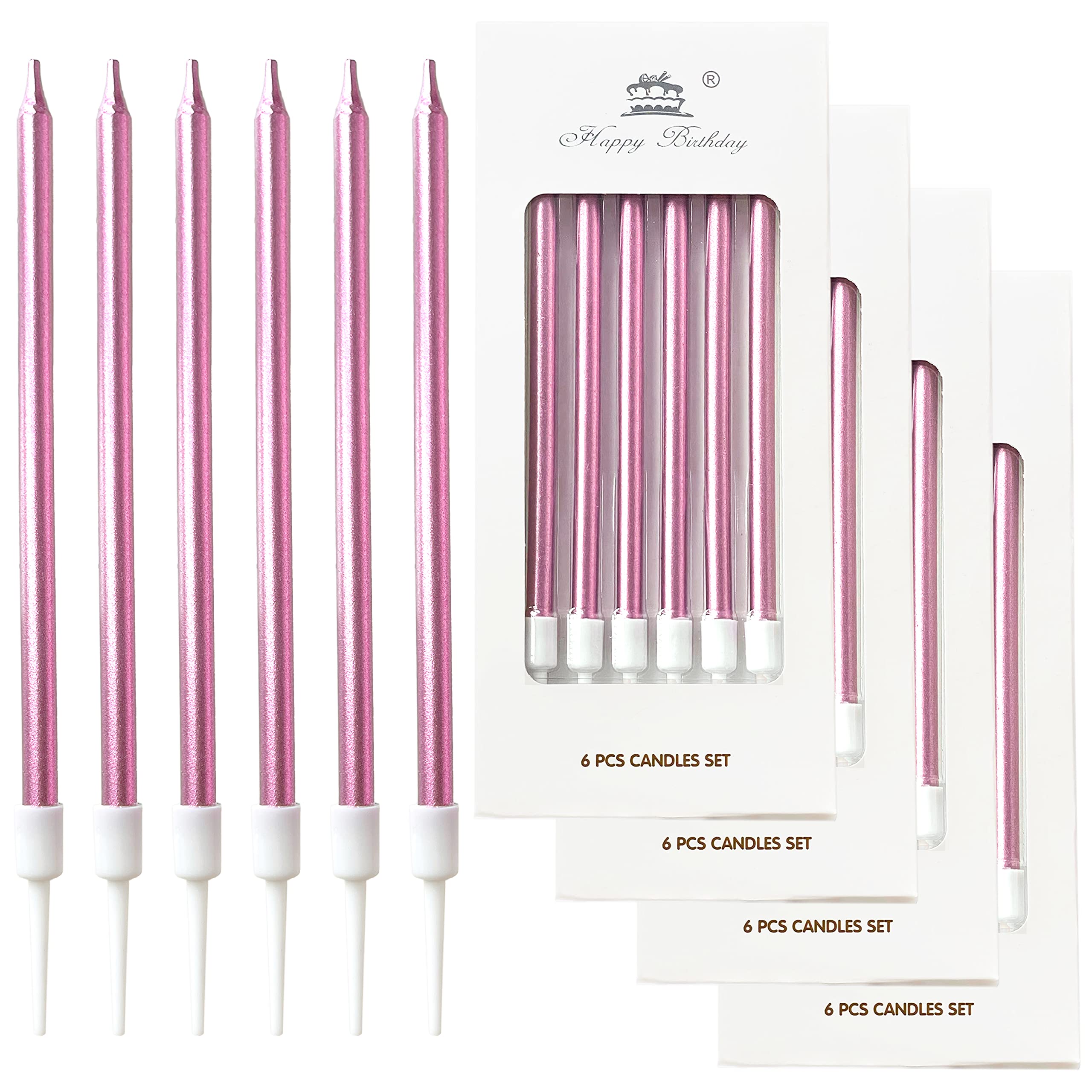 24 Count Metallic Pink Birthday Candles - Long Thin Cake Candles with Holders for Cupcakes, Wedding Cakes & Birthday Party Decorations | Perfect for Birthday Parties, Baby Showers & Wedding Celebrations