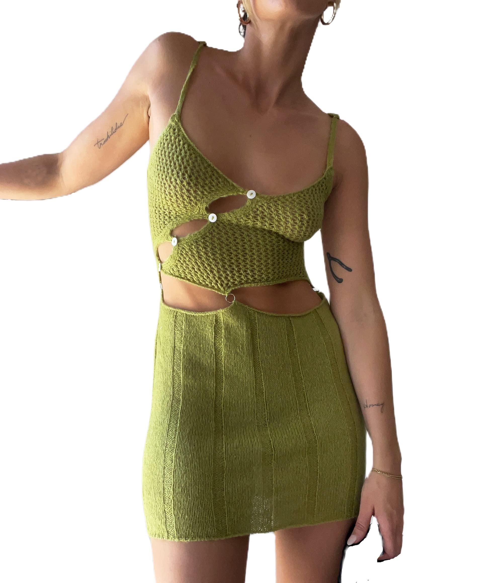 Awoscut Women's Summer Y2K Knit 2-Piece Outfit Set - Hollow Out Crop Top & Shorts Skirt Combo | Trendy Streetwear & Vacation Clothes | Perfect for Beach, Music Festivals & Casual Outings