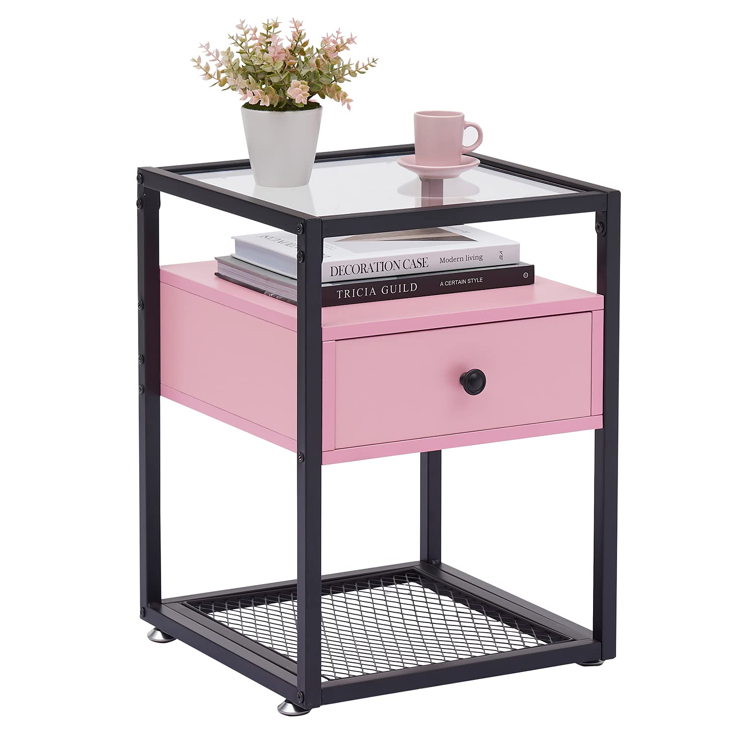 VECELO Modern End Side Table with Drawer and Shelf - Nightstand Cabinet for Bedroom, Living Room & Lounge - Stylish Pink Home Decor - Perfect for Small Spaces, Apartment & Dorm Room Organization