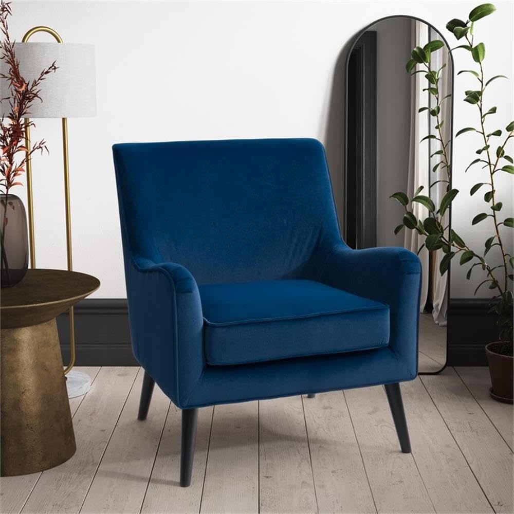 CorLiving Elwood Modern Accent Chair - Blue Velvet Upholstery, Tapered Legs for Living Room, Bedroom & Office | Stylish Mid-Century Design for Home Decor