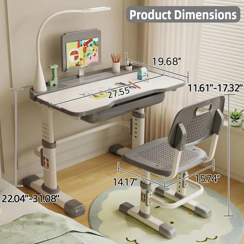 Adjustable Kids Desk and Chair Set with LED Light - Ergonomic Study Desk for Children, Tiltable Desktop for Drawing & Reading, 3 Lighting Modes & Storage Drawer - Perfect for Boys & Girls Bedroom (Grey) - Ideal for Homework, Art Projects & Study Time