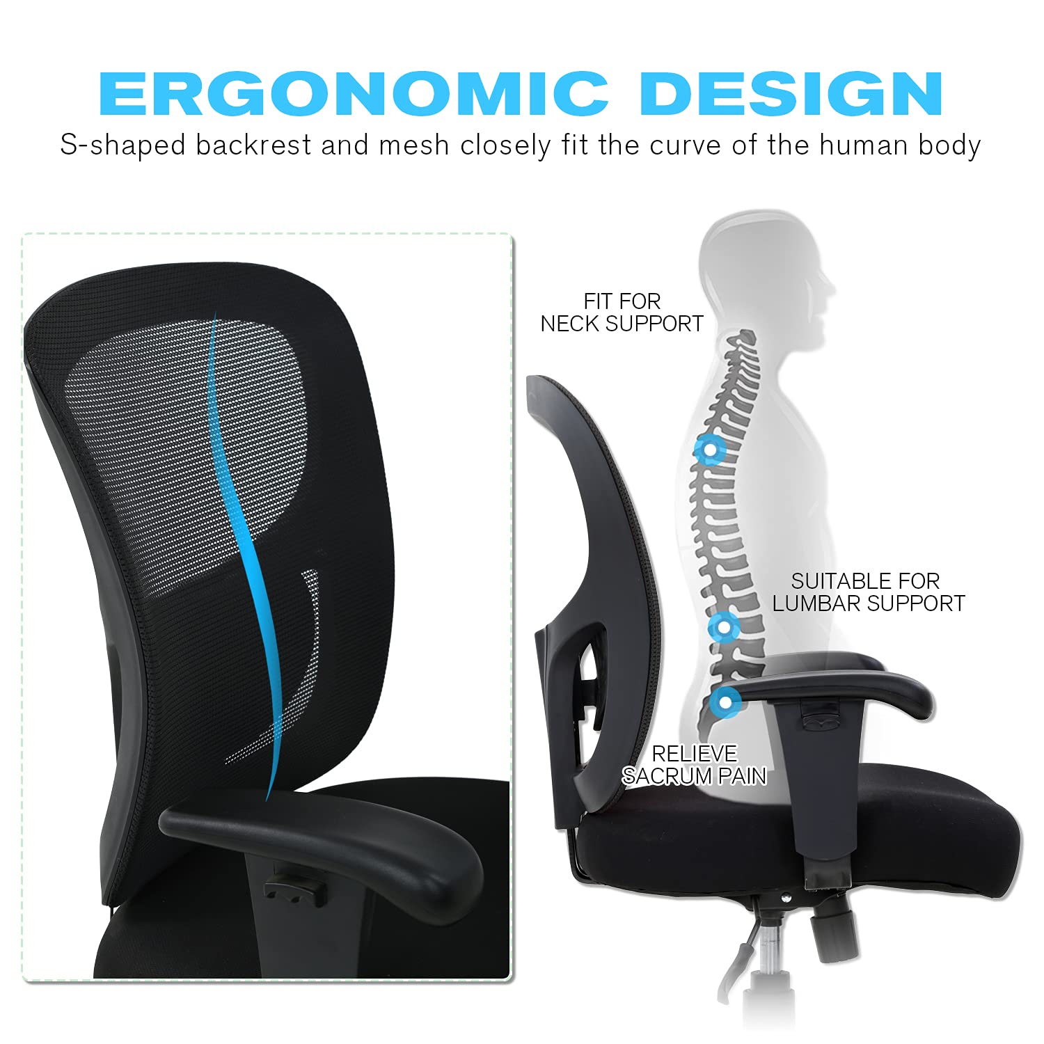 Big & Tall Office Chair 400 lbs Capacity - Heavy Duty Ergonomic Mesh Computer Desk Chair with Adjustable Height, Lumbar Support & Rolling Wheels for Home & Office Use - Perfect for Large & Tall Individuals (Black)