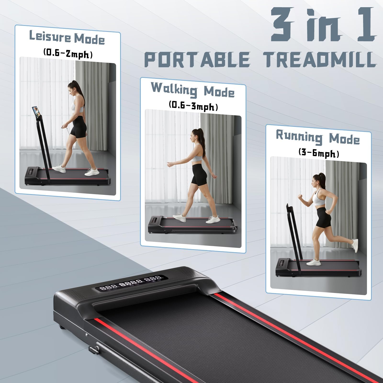 Sperax 3-in-1 Folding Treadmill - Under Desk Walking Pad for Home Office, Portable Treadmill for Walking & Jogging (Black/Red) - Perfect for Small Spaces, Home Gym & Workstation Fitness
