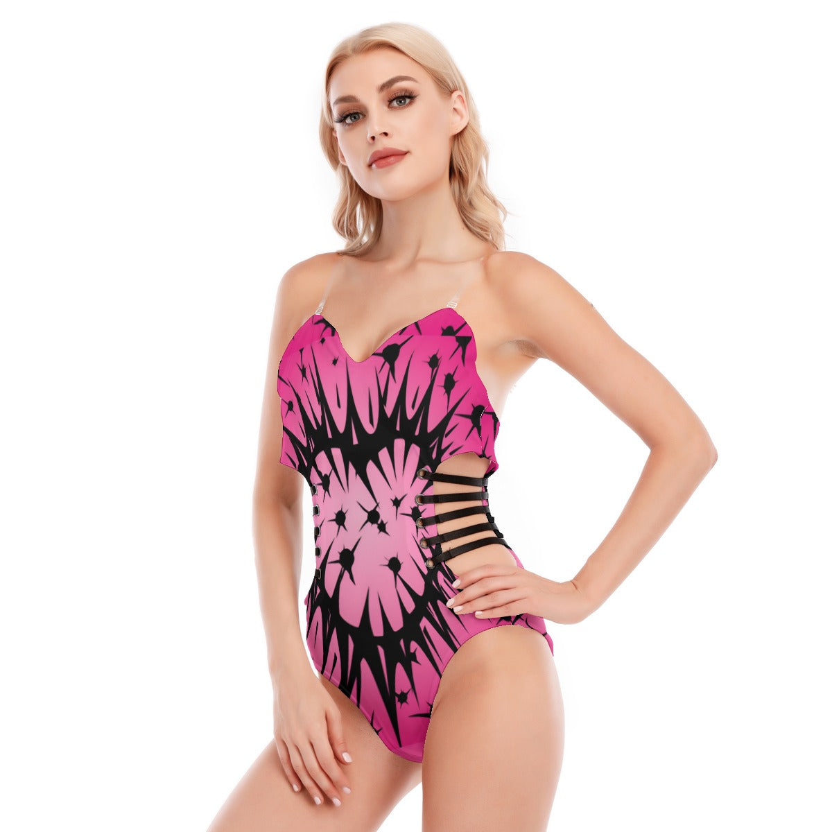 Pink and Black Tube Top Bodysuit with Side Straps - Sexy Women's Fashion for Clubbing, Parties & Summer Outfits