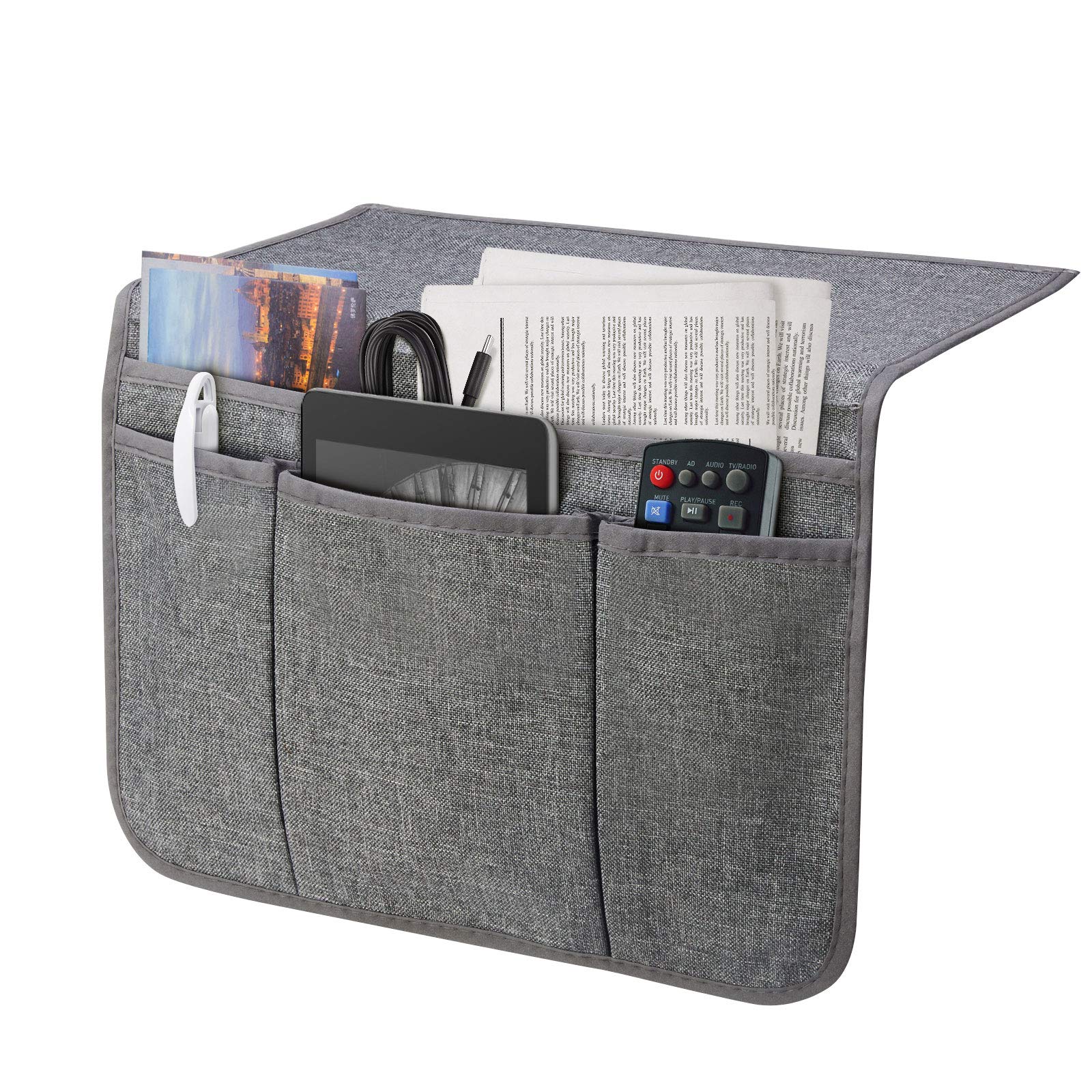 Bedside Caddy Organizer - Storage Holder for Phone, Tablet, iPad, Remote & Magazines - Perfect for Home, College Dorm, Bunk Bed & Sofa (Grey) - Keep Essentials Handy While Reading or Relaxing in Bed