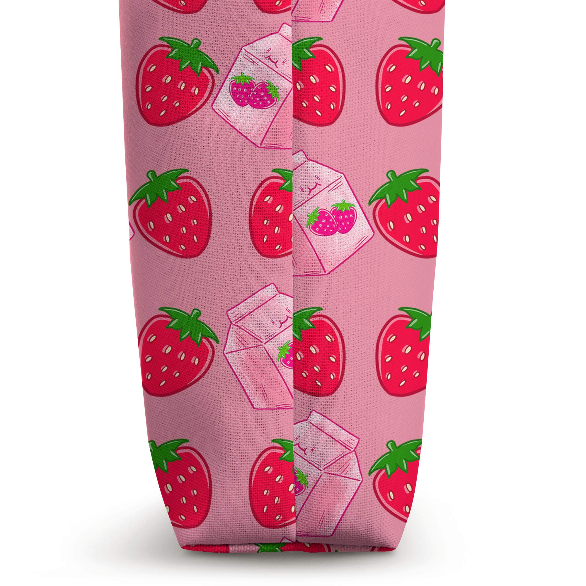 Kawaii Strawberry Milk Print Japanese Style Tote Bag - Cute Fruit Pattern Reusable Shopping Bag for Women, Girls, Gift, School, Grocery, Beach