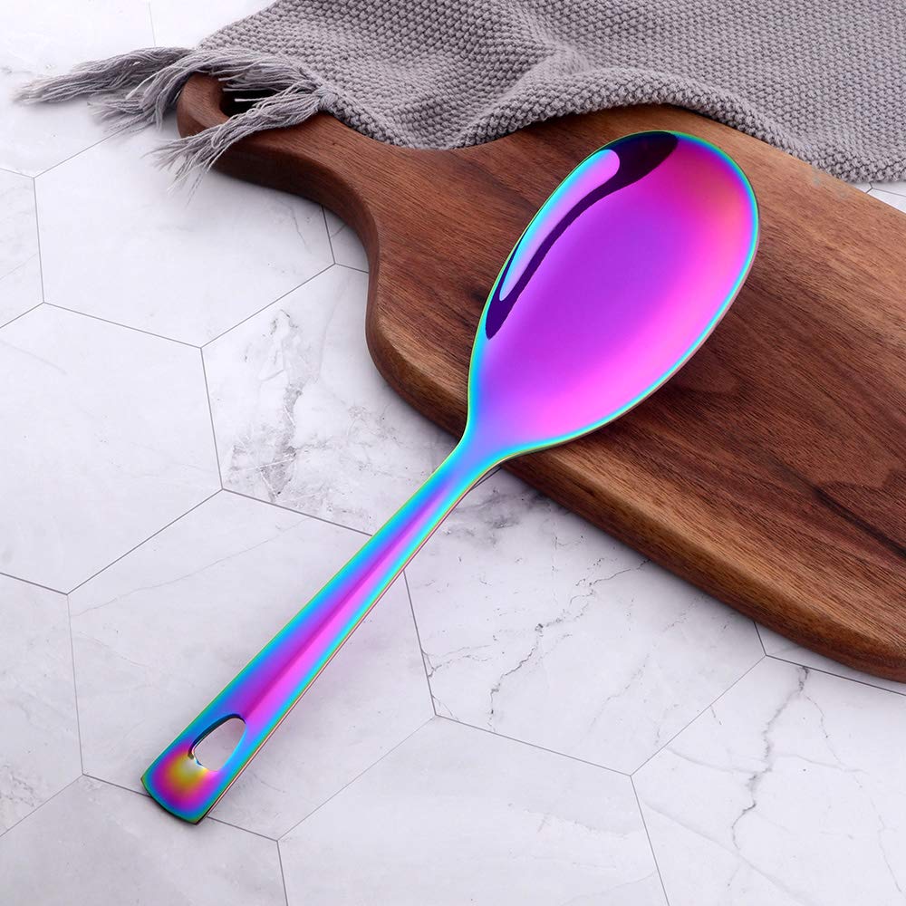 Dongbo 6-Piece Stainless Steel Rice Spoon Set - 10-Inch Large Serving Rice Paddle, Metal Scooper for Rice, Mashed Potatoes & Cooking - Dishwasher Safe Rainbow Utensils - Perfect for Kitchens, Restaurants & Catering Events