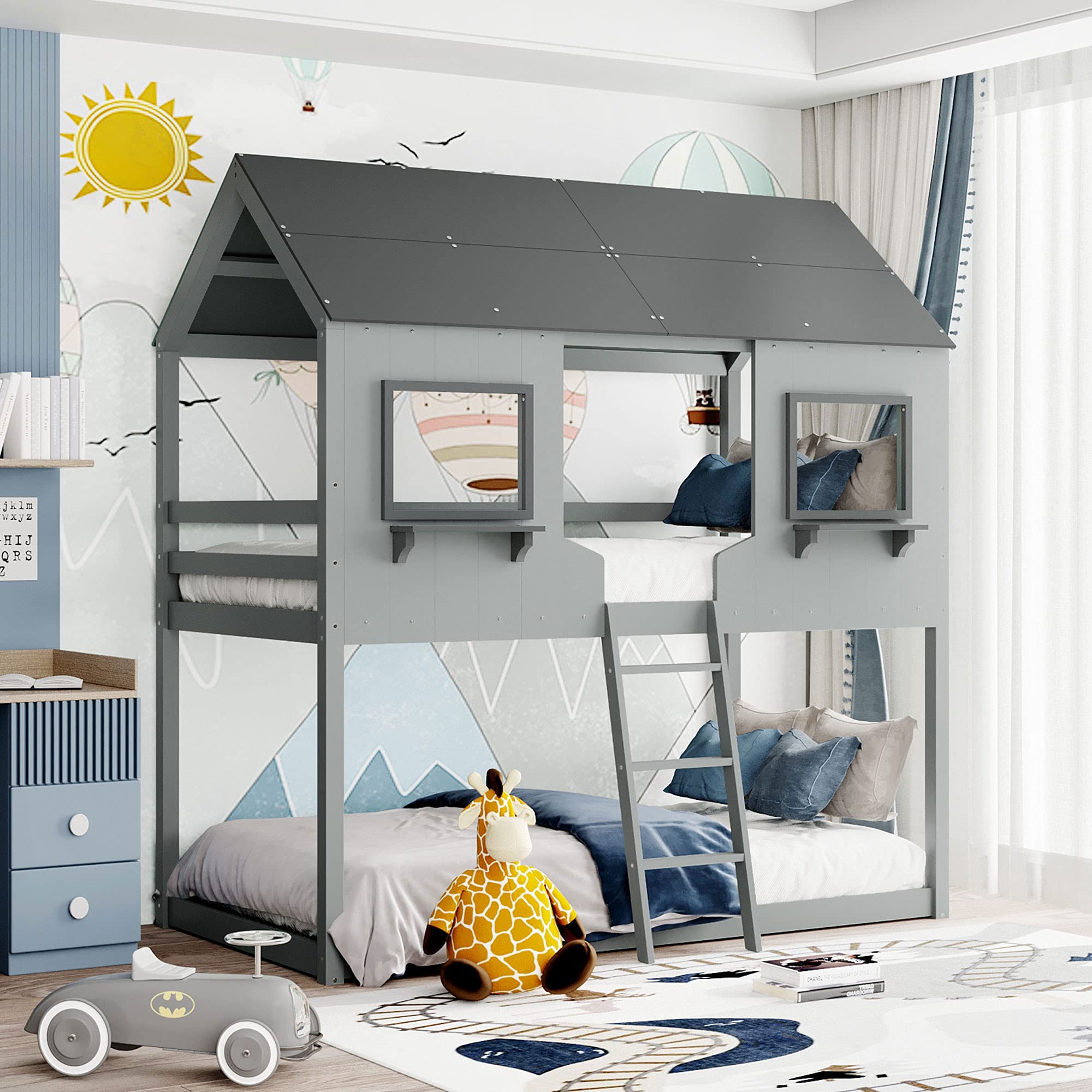 LZ LEISURE ZONE Twin Over Twin Wood Bunk Bed Frame with Roof, Window, Guardrail & Ladder - Dark Grey | Space-Saving Kids Bedroom Furniture for Small Rooms, Sleepovers & Shared Sibling Rooms