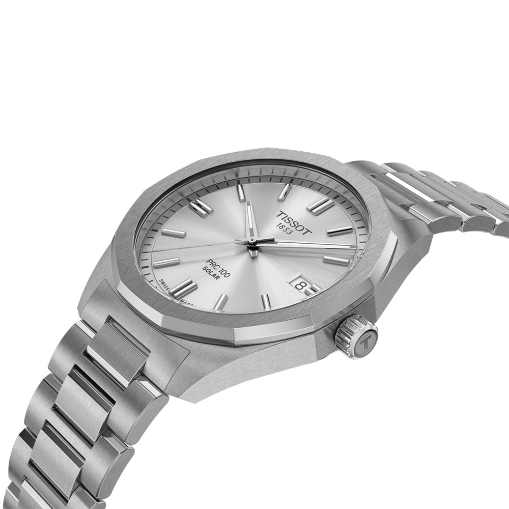 PRC 100 Solar Quartz 39mm Silver Stainless Steel Bracelet Watch for Men - Perfect for Outdoor Activities, Business & Casual Wear
