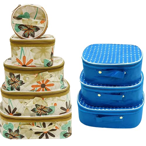 Rasafa 8-Piece Fashionable Vanity Box Set - Makeup Organizer, Jewelry Storage & Cosmetic Case (Blue & Cream Floral) - Perfect for Bedroom, Bathroom & Travel Organization
