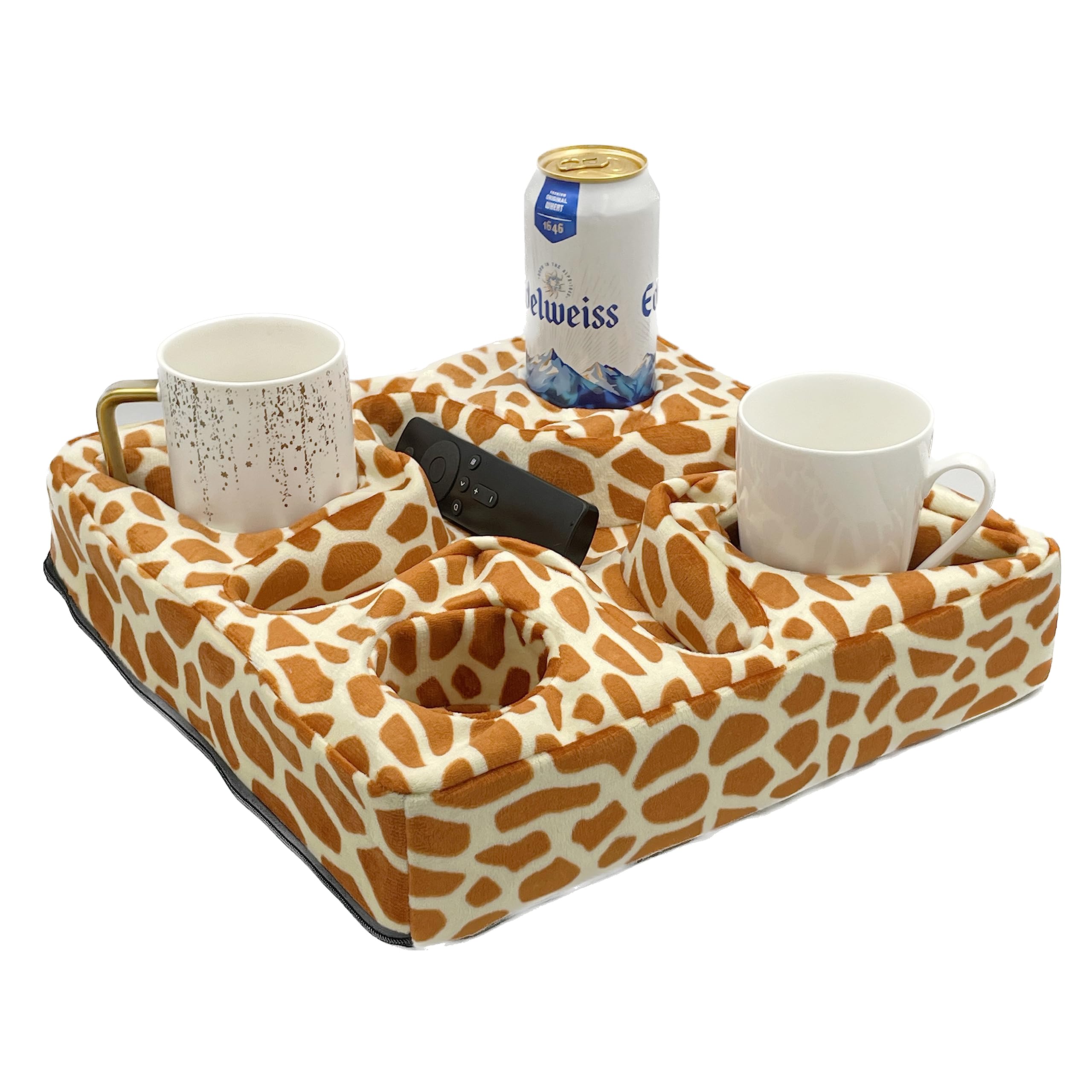 Multi-Functional Couch and Bed Cup Holder Pillow with Snack Tray - Perfect for Drinks, Remote Control & Snacks (Giraffe Design) - Ideal for Movie Nights, Gaming & Relaxing on Sofa or Bed