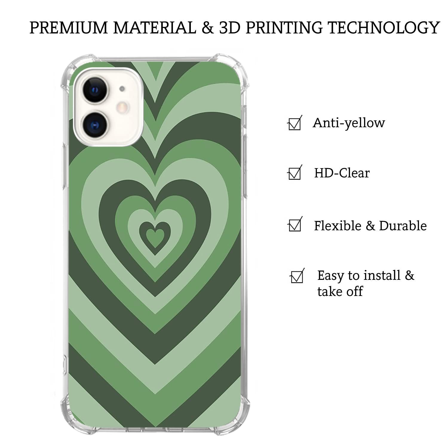 Sage Green Heart iPhone 13 Case - Trendy Aesthetic TPU Bumper Cover for Women & Men - Cute Protective Phone Case for Daily Use, Work, and Travel