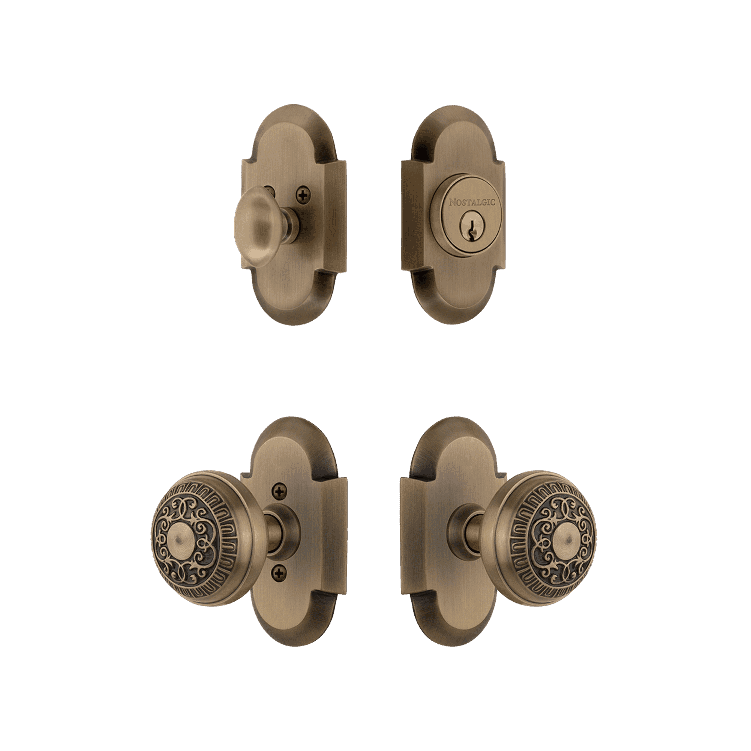 Antique Brass Cottage Entry Set with Egg & Dart Knob - Elegant Door Hardware for Farmhouse, Victorian & Traditional Homes